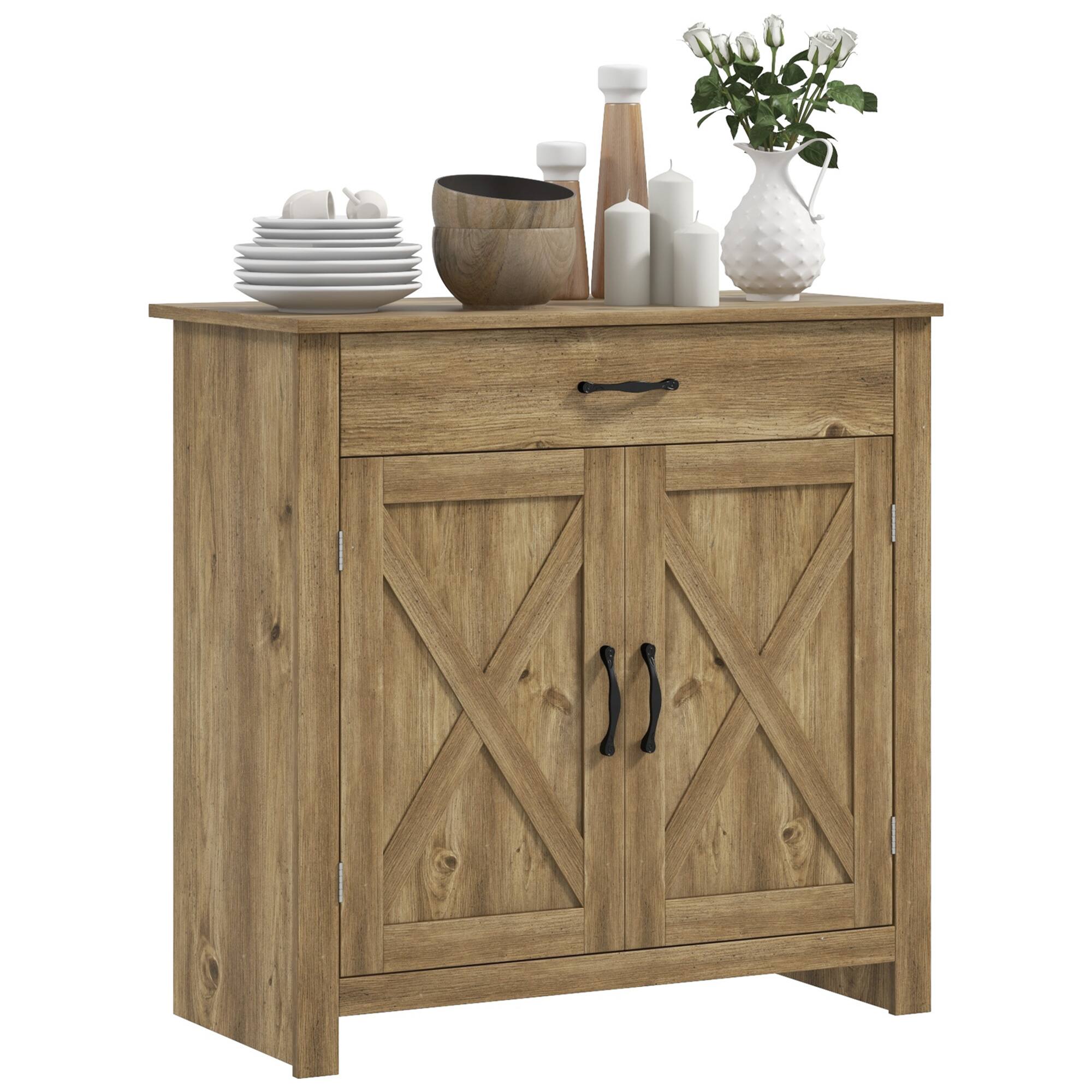 Front. Homcom - Sideboard Cabinet with Barn Doors Kitchen Buffet Cabinet with Drawer and Adjustable Shelf Natural - Natural Wood.