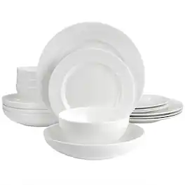 Gibson - Elite Embossed Bone China 16 Piece Double Bowl Dinnerware Set - White
