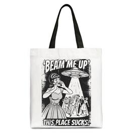 OrnamentallyYou - UFO Meme Beam Me Up This Place Sucks Canvas Tote Bag - White Black