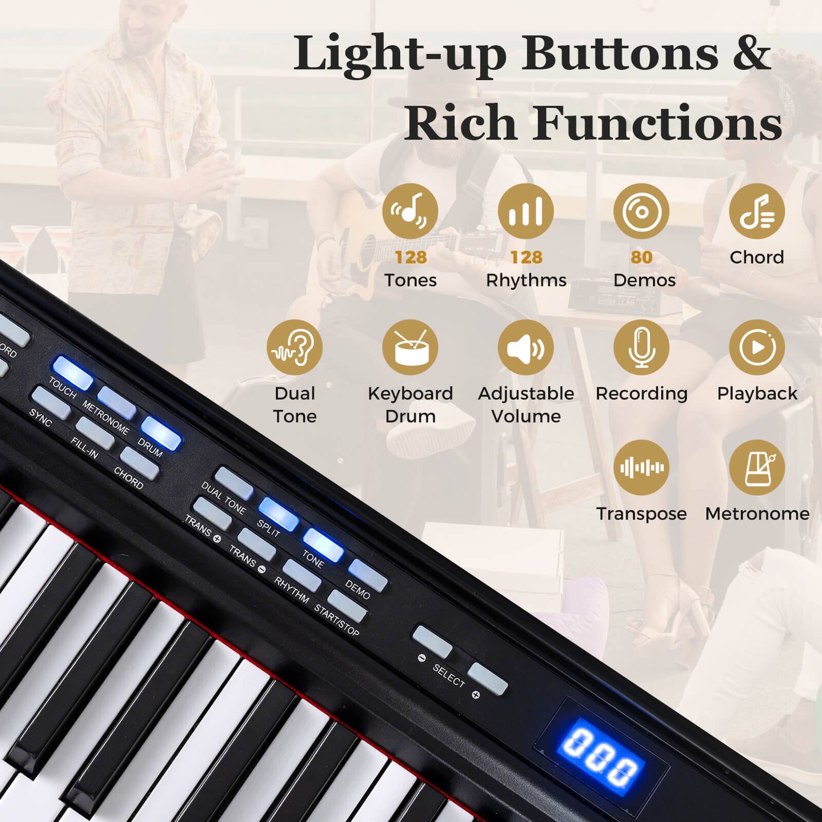 Light-up Buttons & Rich Functions

- 128 Tones
- 128 Rhythms
- 80 Demos
- Chord
- Dual Tone
- Keyboard Drum
- Adjustable Volume
- Recording
- Playback
- Transpose
- Metronome

Additional Features:
- TOUCH
- SYNC
- METRONOME
- FILL-IN
- DRUM
- CHORD
- DUAL TONE
- TRANS
- SPLIT
- TRANS
- TONE
- DEMO
- START/STOP
- SELECT

000
