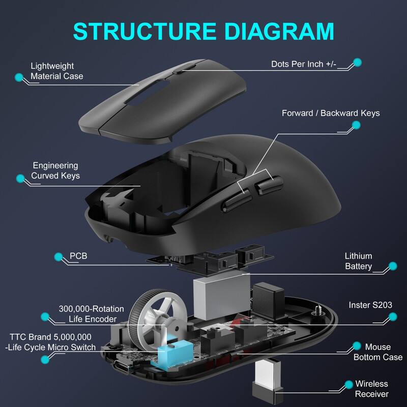 STRUCTURE DIAGRAM

- Lightweight Material Case
- Engineering Curved Keys
- Forward / Backward Keys
- Dots Per Inch +/-_
- PCB
- 300,000-Rotation Life Encoder
- TTC Brand 5,000,000 -Life Cycle Micro Switch
- Lithium Battery
- Inster S203
- Mouse Bottom Case
- Wireless Receiver