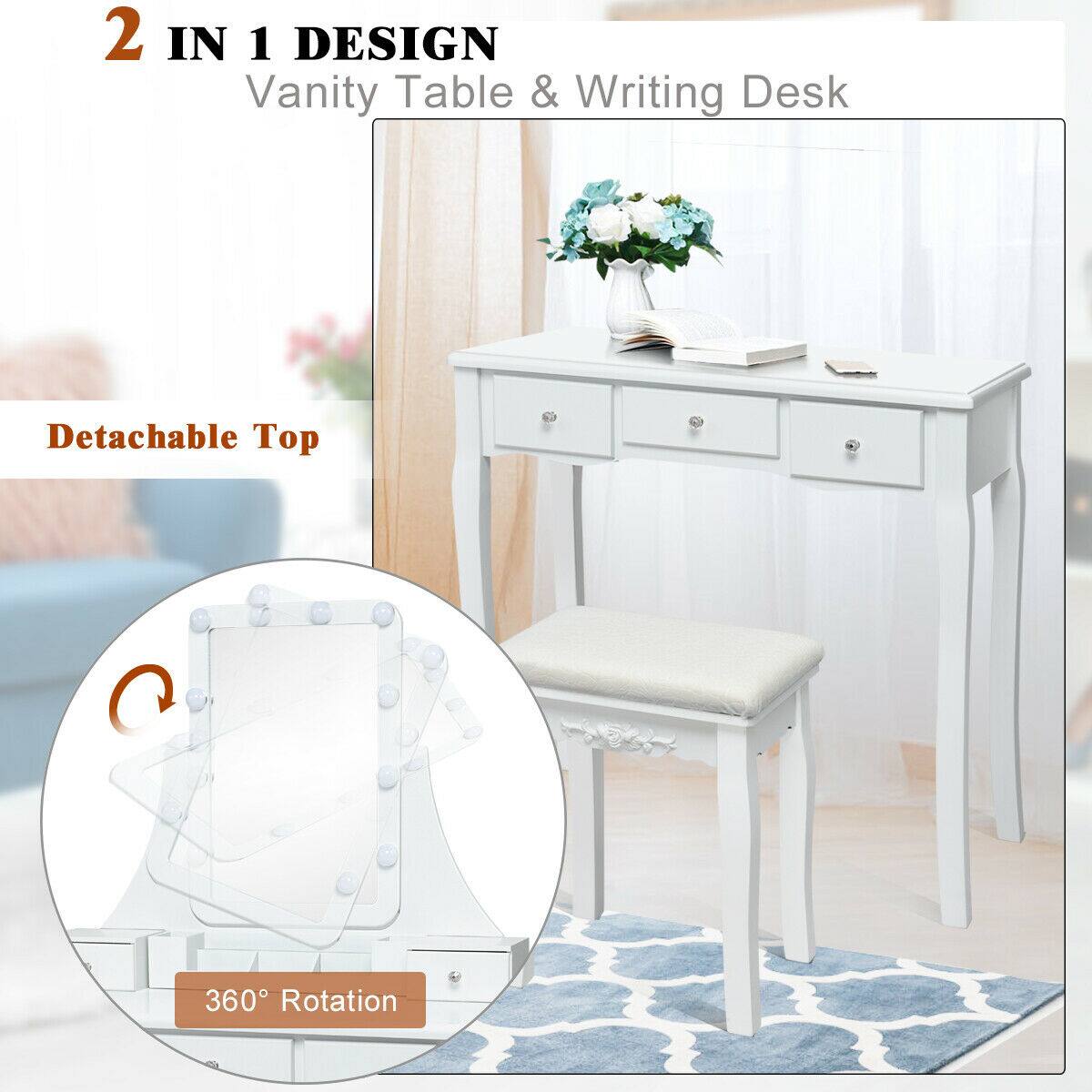 2 IN 1 DESIGN Vanity Table & Writing Desk Detachable Top 360 Rotation
