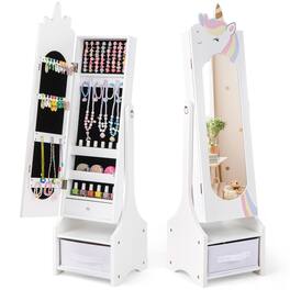 Costway - Kids Jewelry Cabinet with Full-Length Mirror 2 Adjustable Tilt Angles Drawer - White