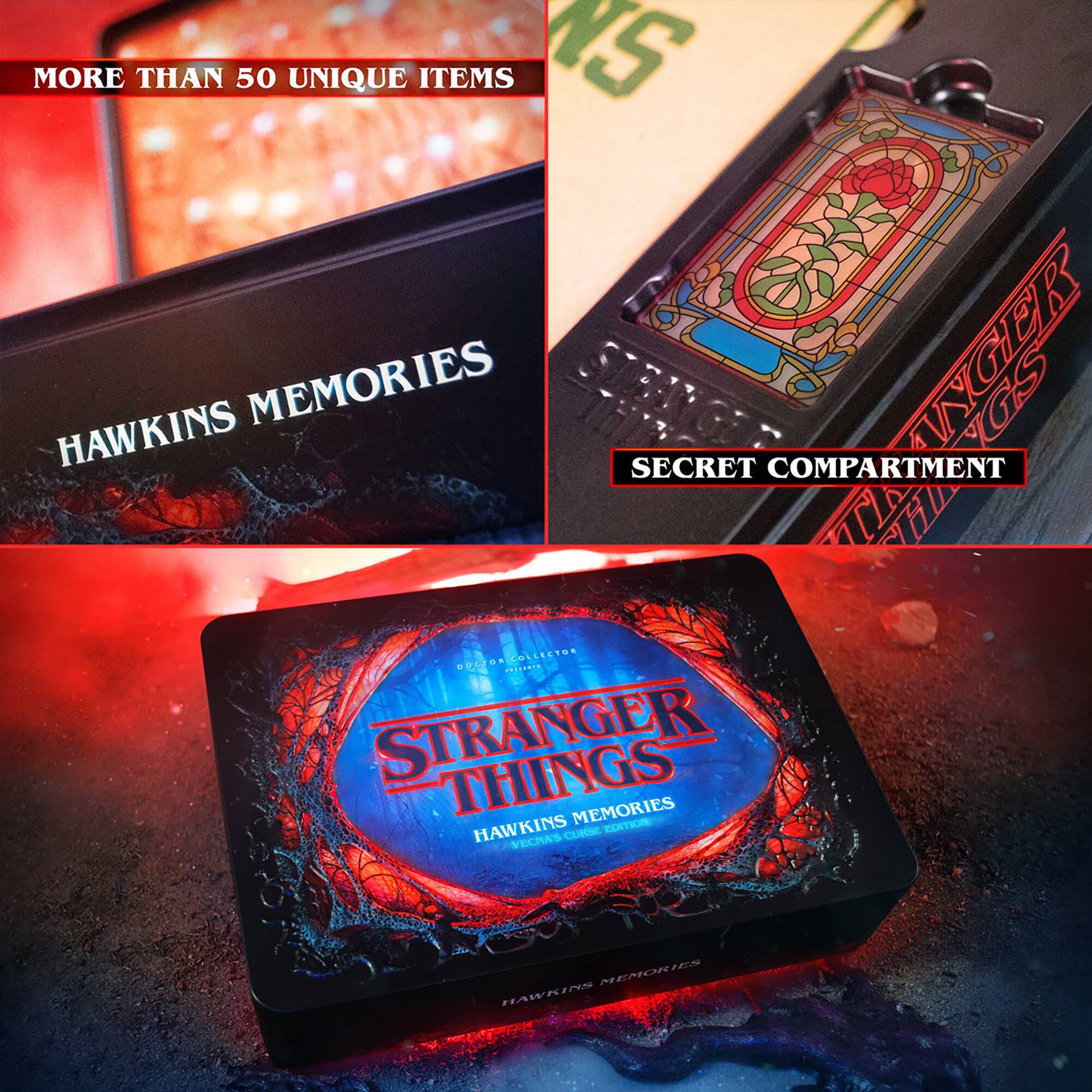 The text on the image is grouped and corrected as follows:

1. More than 50 unique items.
2. Hawkins Memories Edition.
3. Secret Compartment.
4. Stranger Things Memories Edition.
5. Hawkins Family Curie Memories.