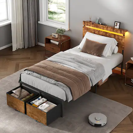 Front. Furnulem - Platform Bed with 2 Drawers and Open Storage Headboard Adjustable LED Light and Charging Station - Brown.