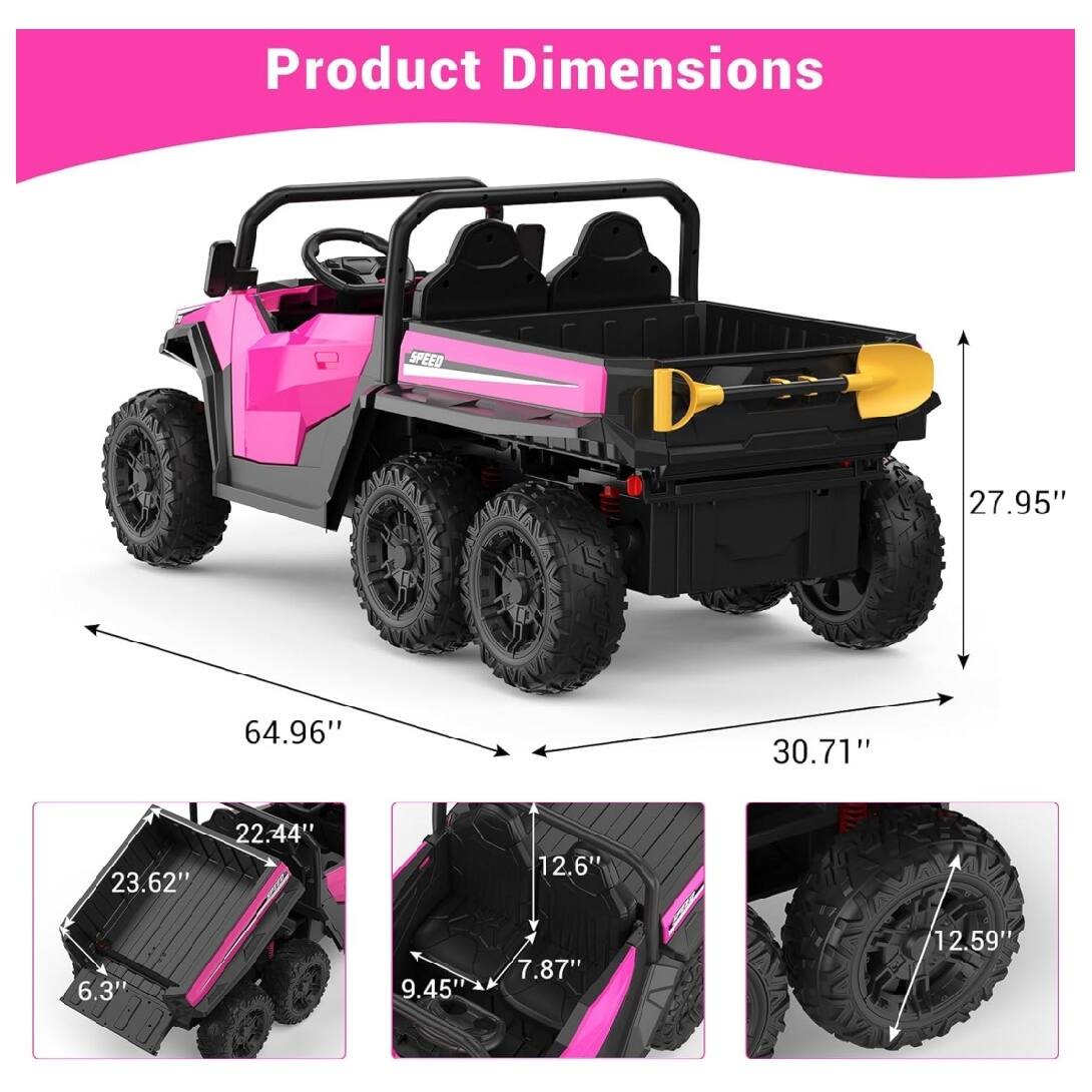 Product Dimensions:  
- Length: 64.96"  
- Width: 30.71"  
- Height: 27.95"  
- Wheelbase: 22.44"  
- Wheel Diameter: 12.59"  
- Seat Height: 9.45"  
- Seat Width: 7.87"  
- Bed Height: 6.3"  
- Bed Length: 23.62"