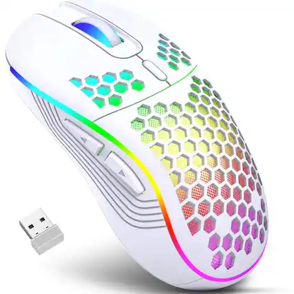 Front. SKRAN - Wireless Gaming Mouse: Lightweight Honeycomb, Stable 2.4G, Rechargeable, for Gaming & Office - White.