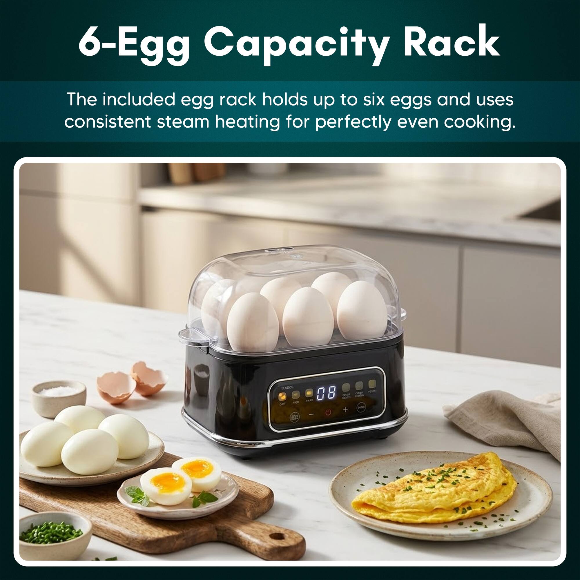 6-Egg Capacity Rack

The included egg rack holds up to six eggs and uses consistent steam heating for perfectly even cooking.