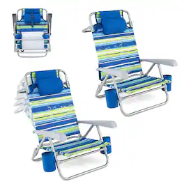 Costway - 2 Pack Beach Chair for Adults with 7-Position Backrest Cooler Bag Towel Bar Pillow - Blue