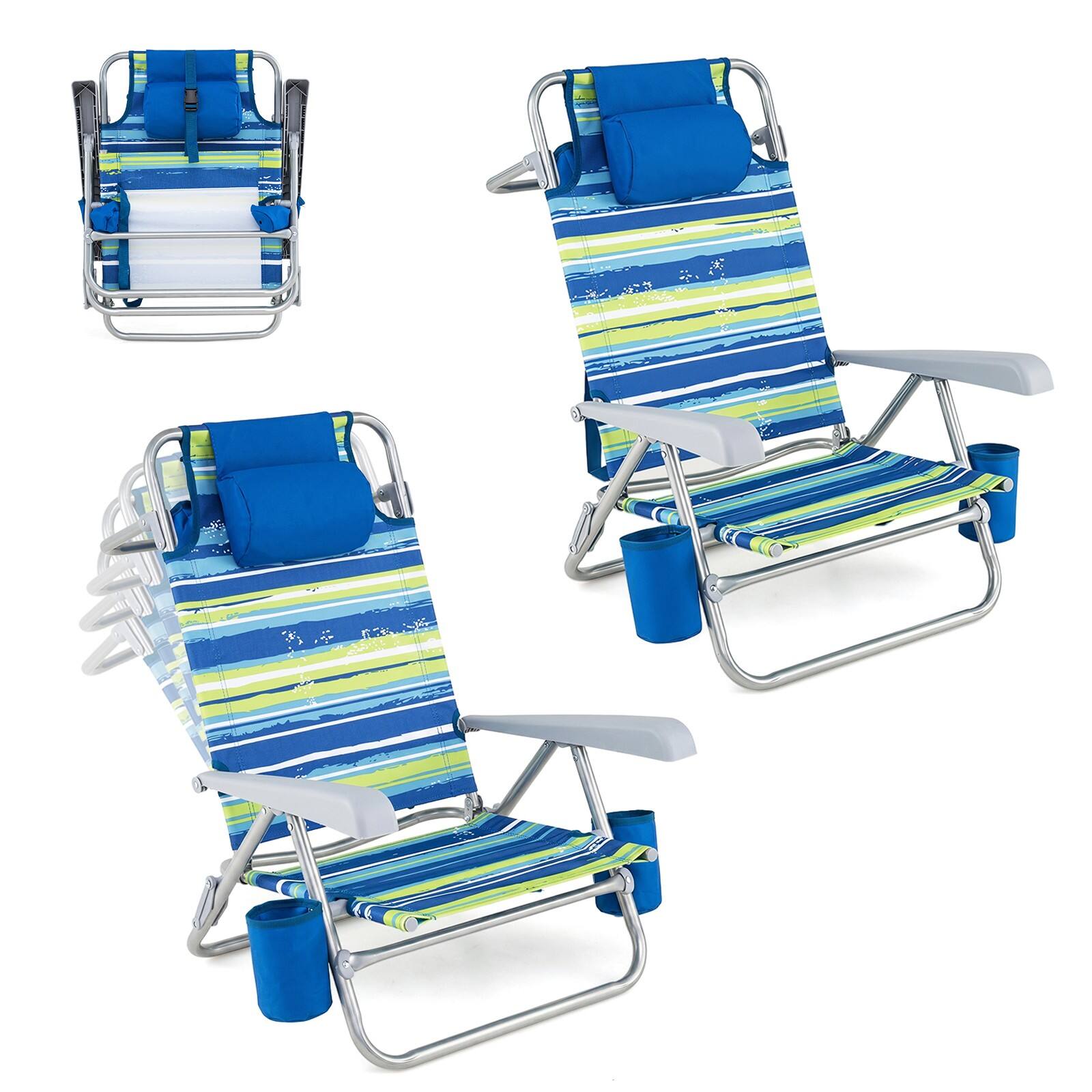 Front. Costway - Costway 2 Pack Beach Chair for Adults with 7-Position Backrest Cooler Bag Towel Bar Pillow - Blue.