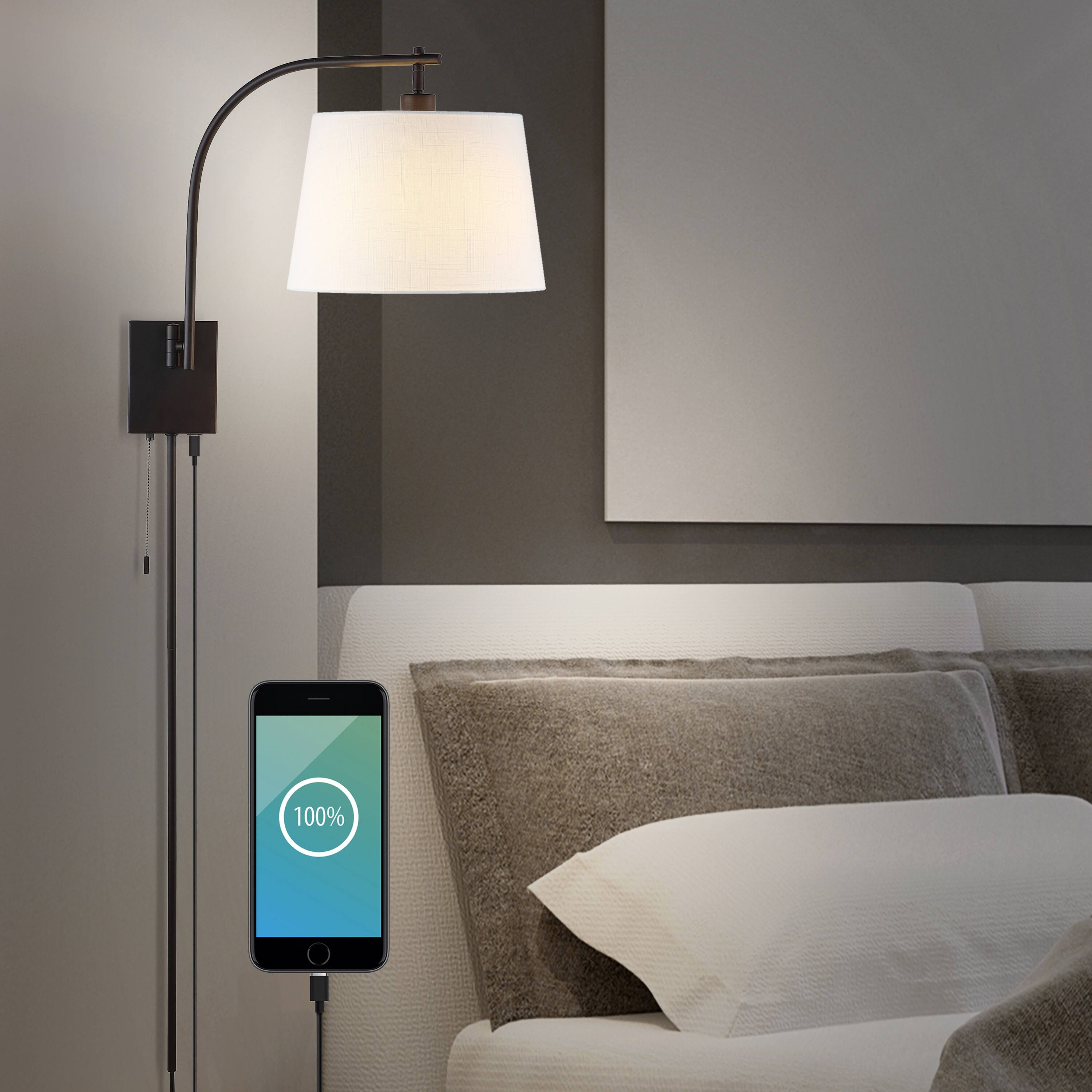 Alt View 9. Jonathan Y - Gosling 22.5" Plug-In or Hardwired Iron Gooseneck Swing Arm Sconce with Pull-Chain and Charging Port, Oil Rubbed Bronze - Oil Rubbed Bronze.