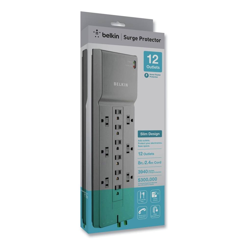 Belkin Surge Protector  
12 Outlets  
Home-Theater Protection  
BELKIN Slim Design  
Add outlets. Protect your electronics. Save space.  
12 Outlets  
8ft/2.4m Cord  
3940 Joules of Surge Protection  
$300,000 Connected Equipment Protection