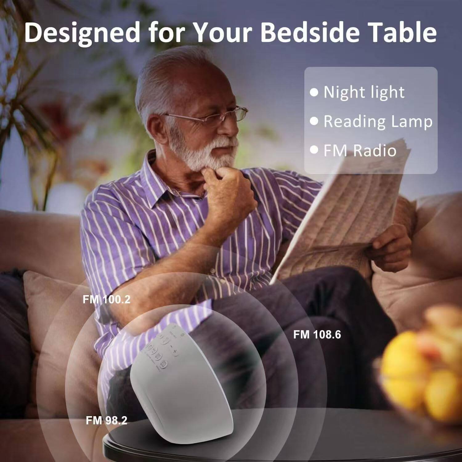 Designed for Your Bedside Table

- Night light
- Reading Lamp
- FM Radio

FM 100.2  
FM 108.6  
FM 98.2
