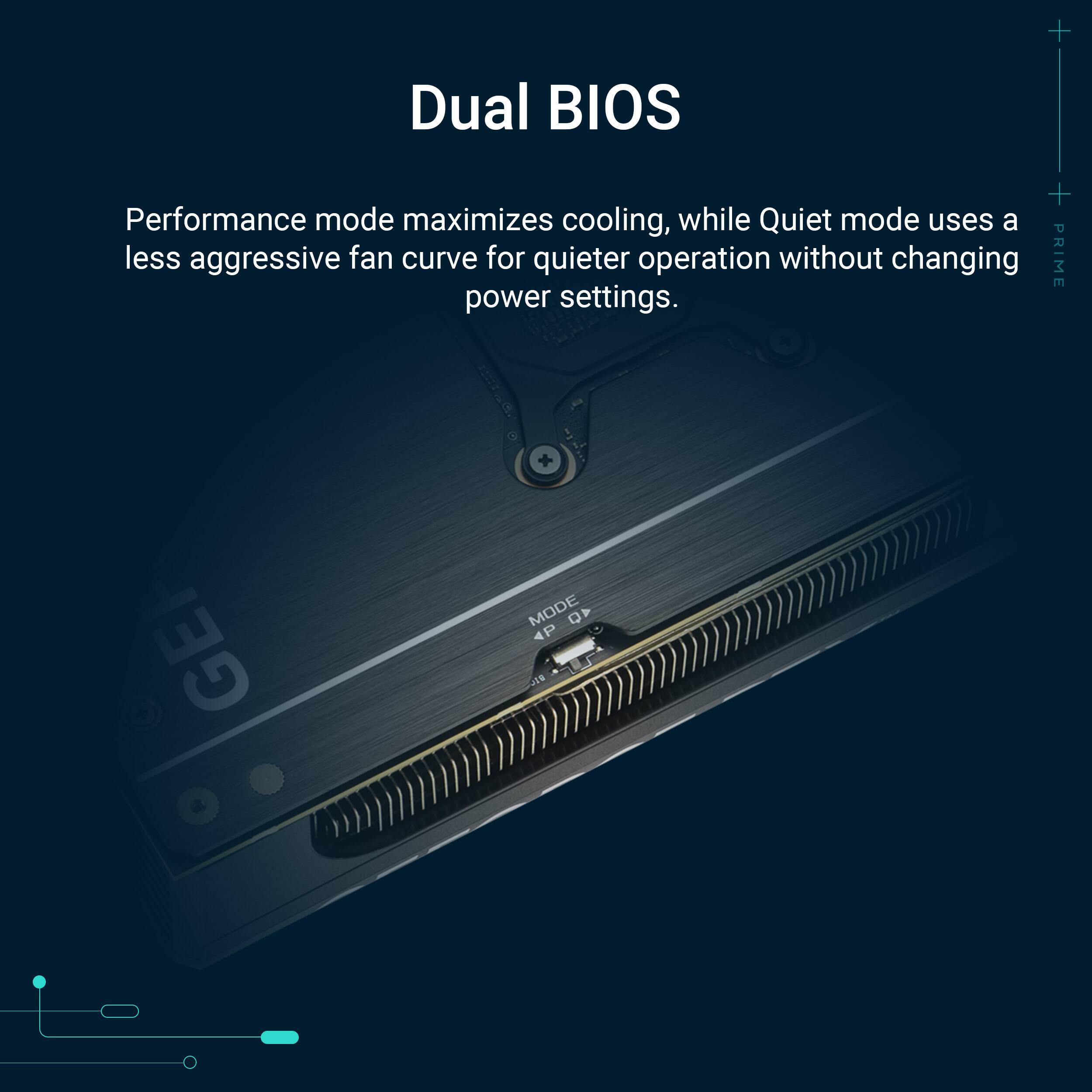 Dual BIOS

Performance mode maximizes cooling, while Quiet mode uses a less aggressive fan curve for quieter operation without changing power settings.