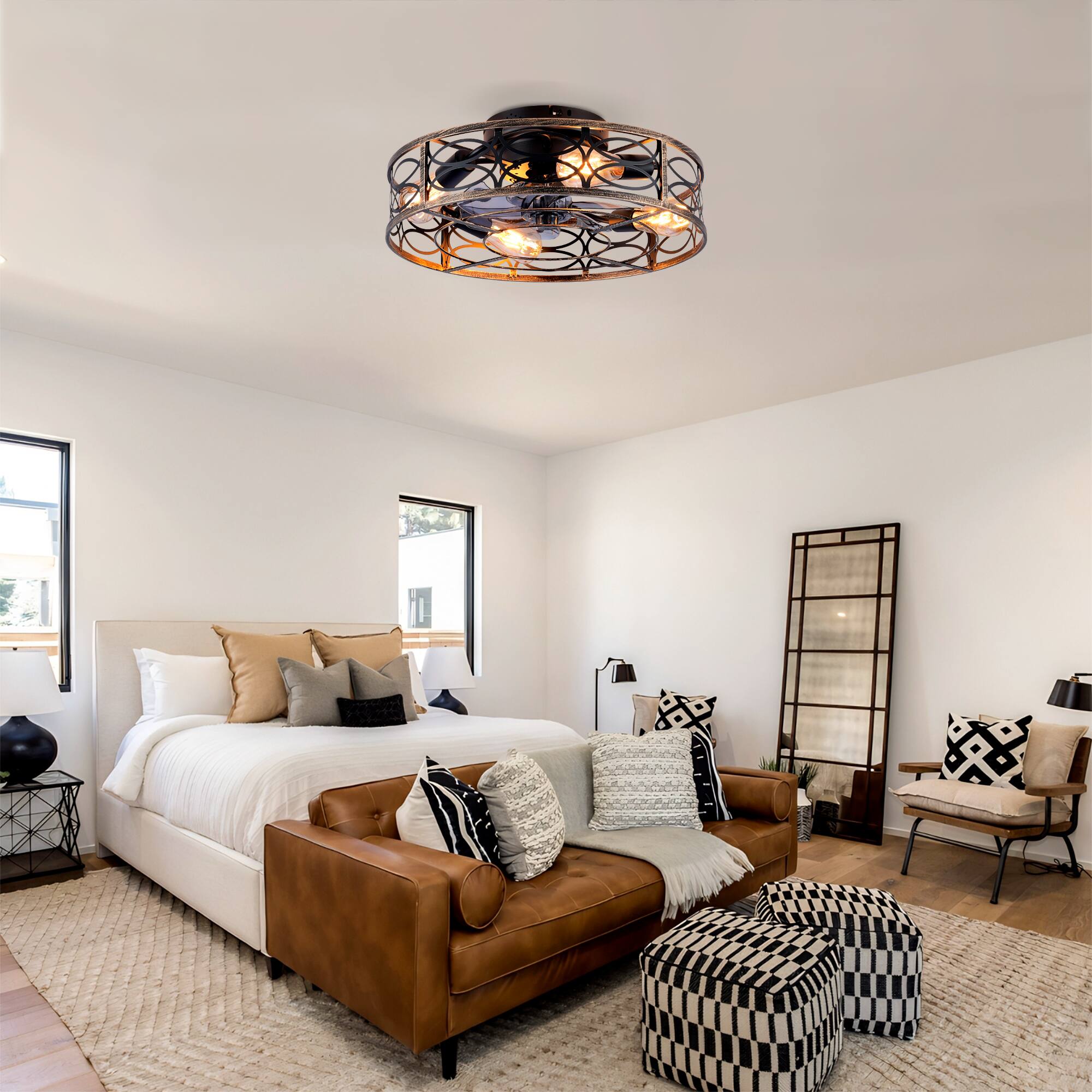 Alt View 1. GOODSILO - 20" Low Profile Caged Fan with Light & Remote, Farmhouse Flush Mount, 6-Speed Reversible (Bulbs Not Included) - Blush+Gold,Bronze.