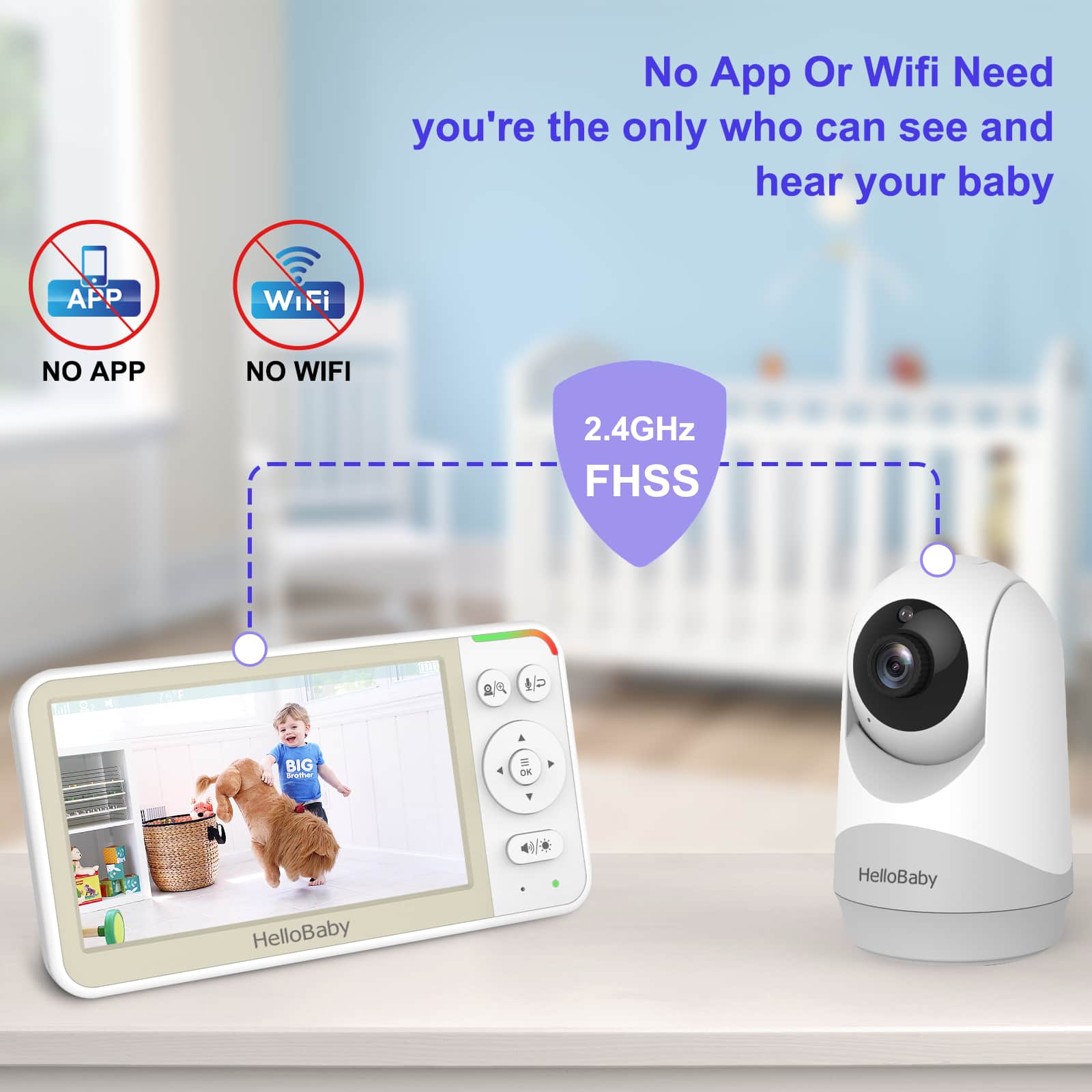 No App Or Wifi Need you're the only who can see and hear your baby
NO APP
NO WIFI
2.4GHz FHSS
HelloBaby - HelloBaby