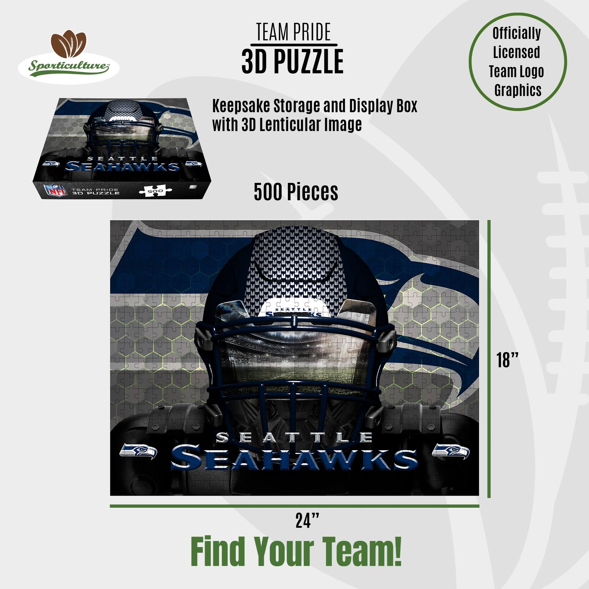 Sporticulture; TEAM PRIDE 3D PUZZLE Keepsake Storage and Display Box with 3D Lenticular Image Officially Licensed Team Logo Graphics SEATTLE SEAHAWKS 500 Pieces 18" x 24" Find Your Team!
