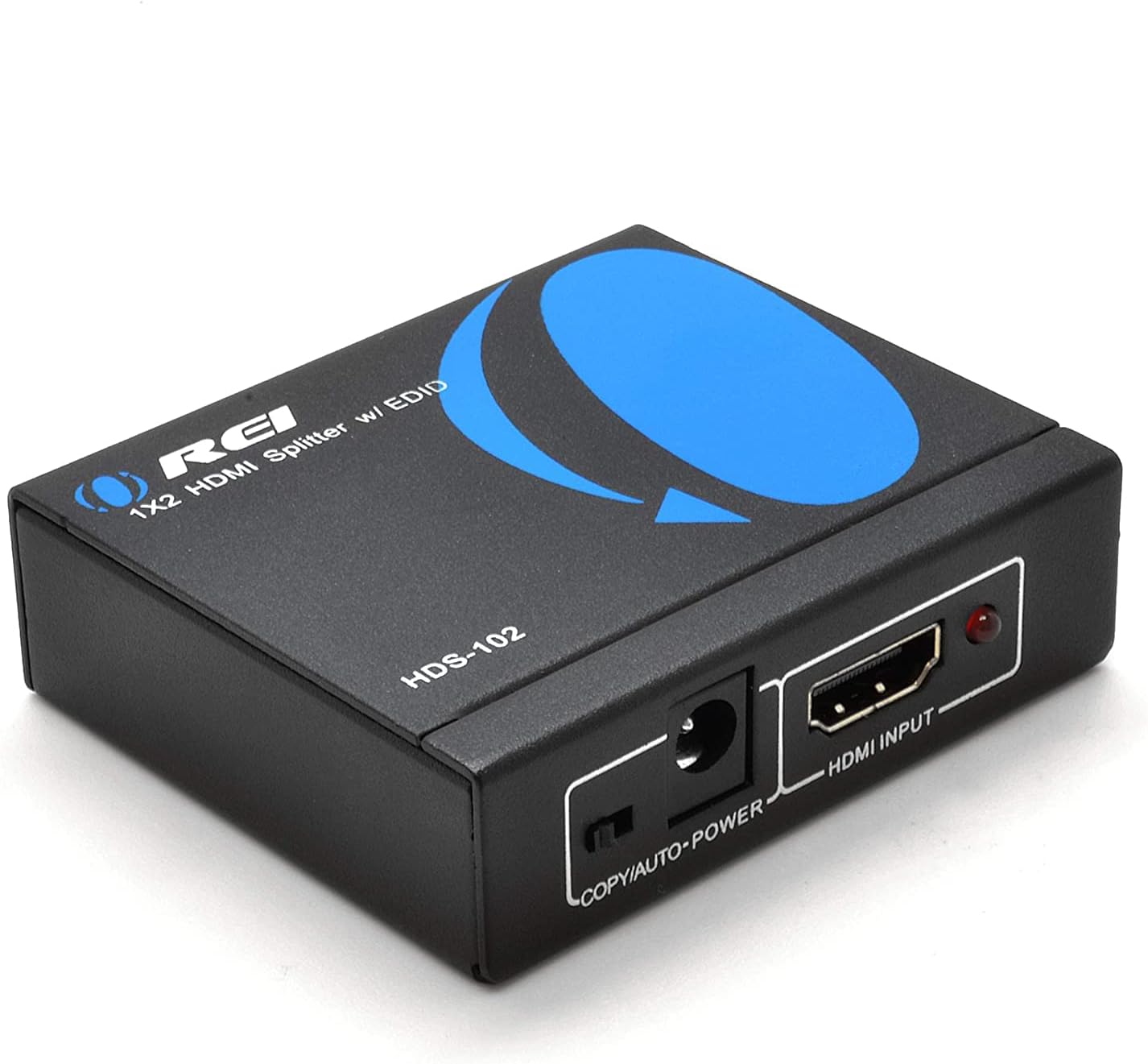 The corrected text is: "1x2 HDMI Splitter 1X2 HDS-102 POWER COPY AUTO-INPUT HDMI."