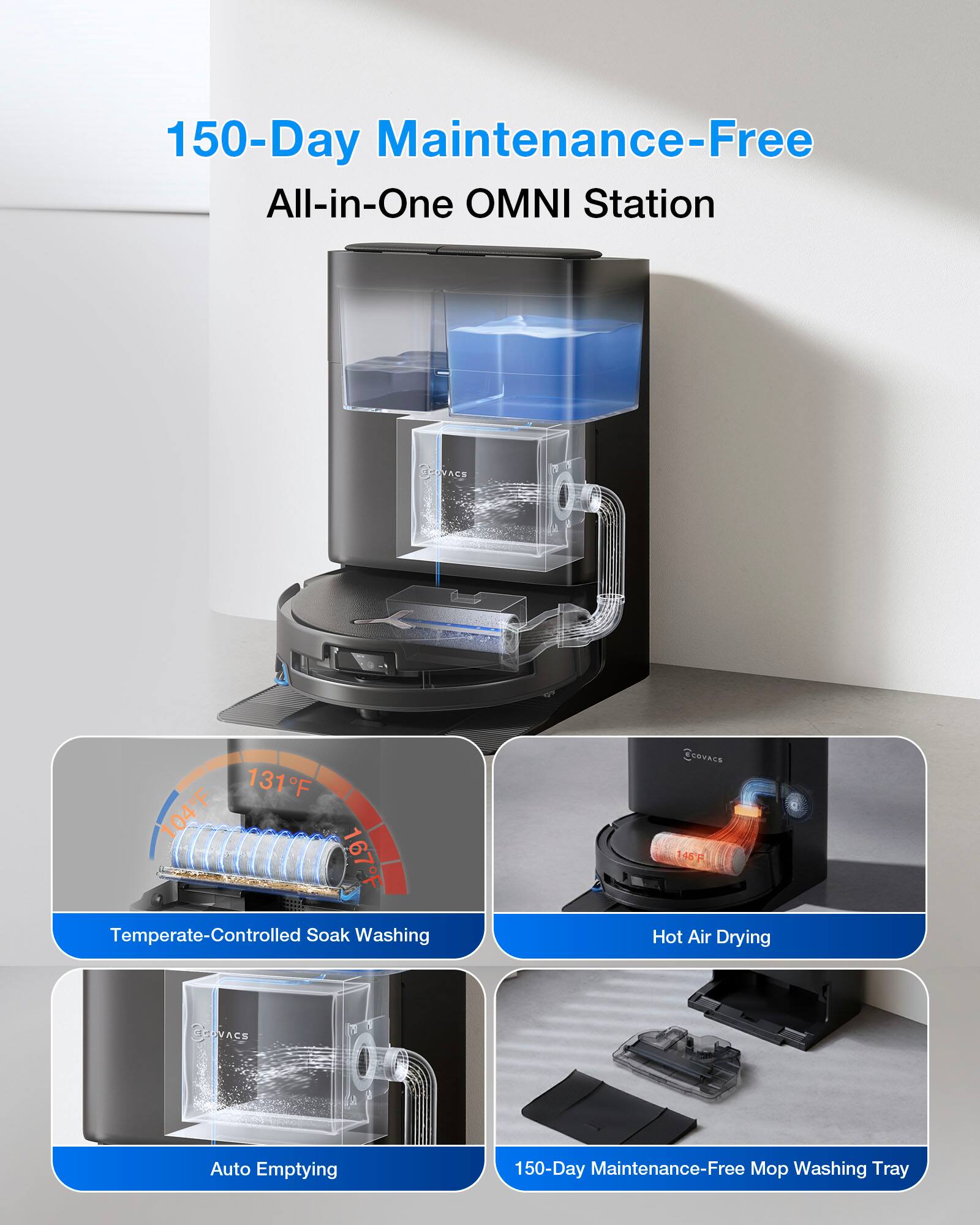 150-Day Maintenance-Free All-in-One OMNI Station

- 131°F
- 104°F
- 167°F
- Temperate-Controlled Soak Washing
- 145°F
- Hot Air Drying
- Auto Emptying
- 150-Day Maintenance-Free Mop Washing Tray