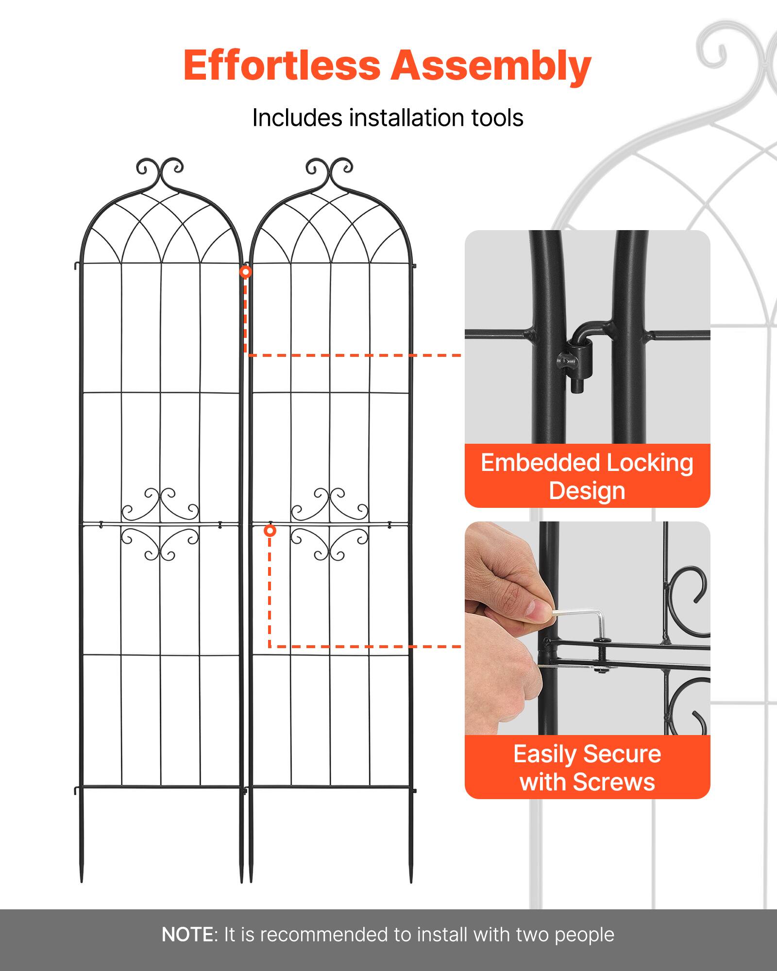 Effortless Assembly  
Includes installation tools  

Embedded Locking Design  
Easily Secure with Screws  

NOTE: It is recommended to install with two people