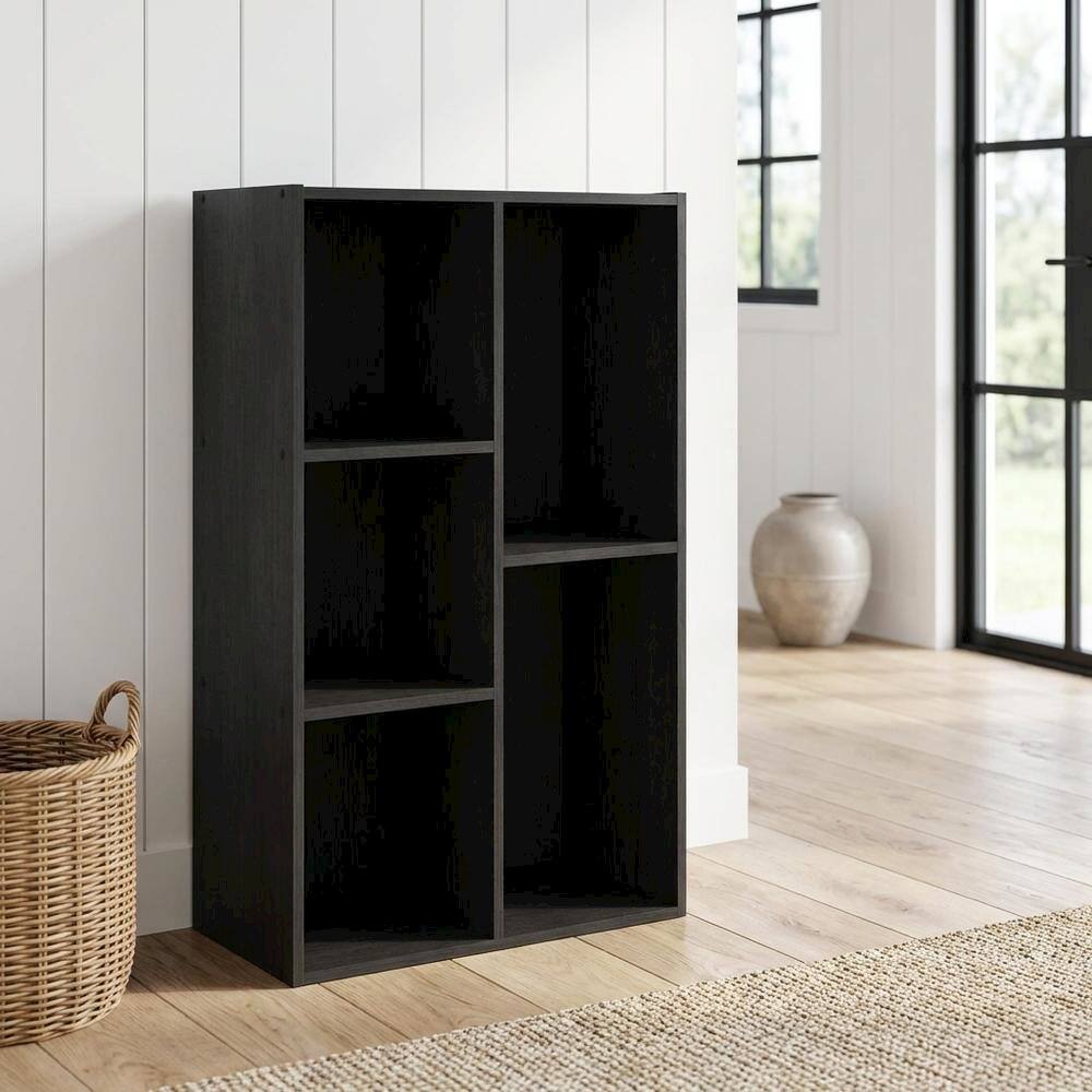 Angle. FurniFact - Black Reversible Cube Storage Shelf With Open Compartments And Durable Finish - Blackwood.