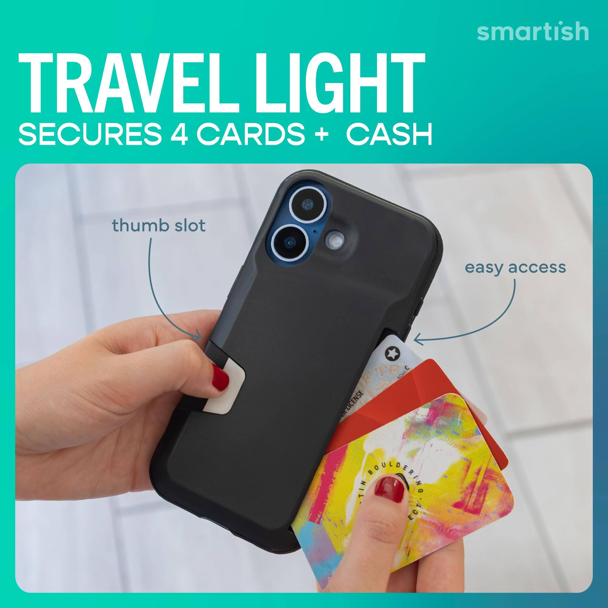 smartish TRAVEL LIGHT SECURES 4 CARDS + CASH

thumb slot

easy access

TE LICENSE TIN BALBERING ECT