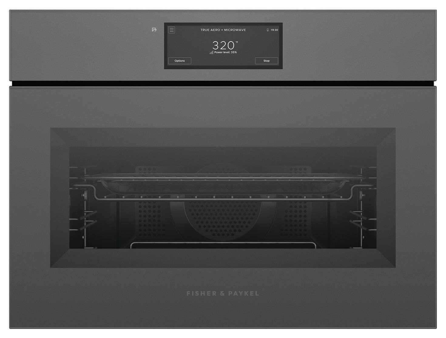 TRUE AERO MICROWAVE  
C 19:30 - 320  
Power level: 35%  
Options Stop  
FISHER & PAYKEL