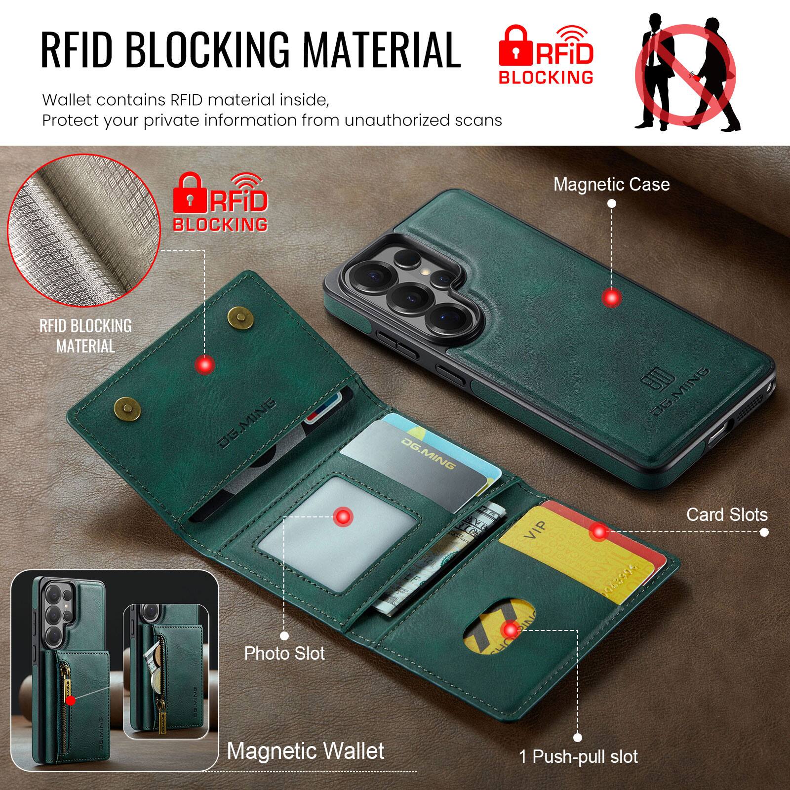 RFID BLOCKING MATERIAL

Wallet contains RFID material inside, Protect your private information from unauthorized scans

RFID BLOCKING Magnetic Case

RFID BLOCKING MATERIAL DG.MING

DG.MING 0 JE.MING VIP SCHICACE

Card Slots Photo Slot

Magnetic Wallet

1 Push-pull slot