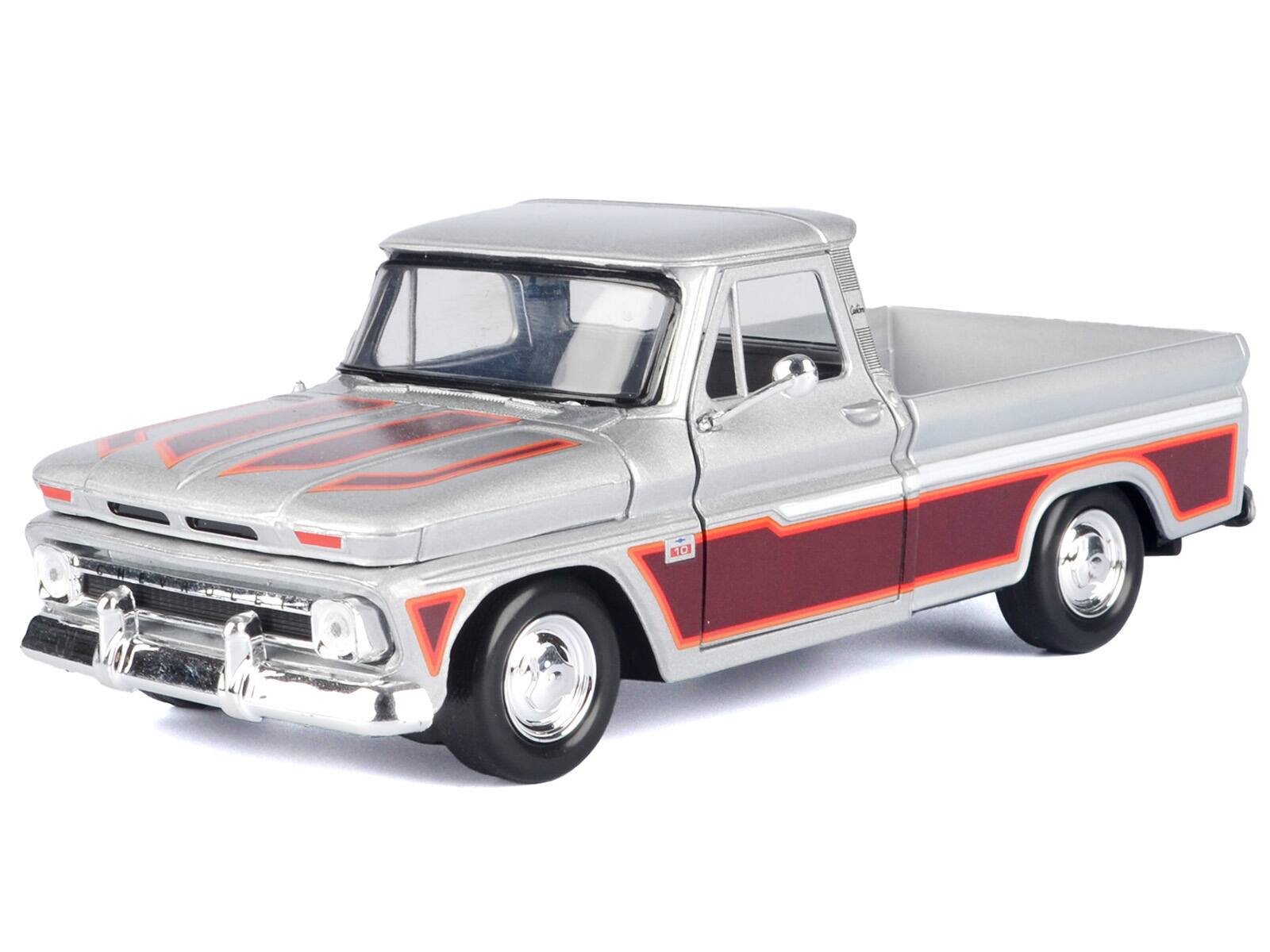 Angle. Motormax - 1966 Chevrolet C10 Fleetside Pickup Truck Silver Metallic with Brown Sides "American Classics" Series 1/24 - Silver Metallic with Brown.