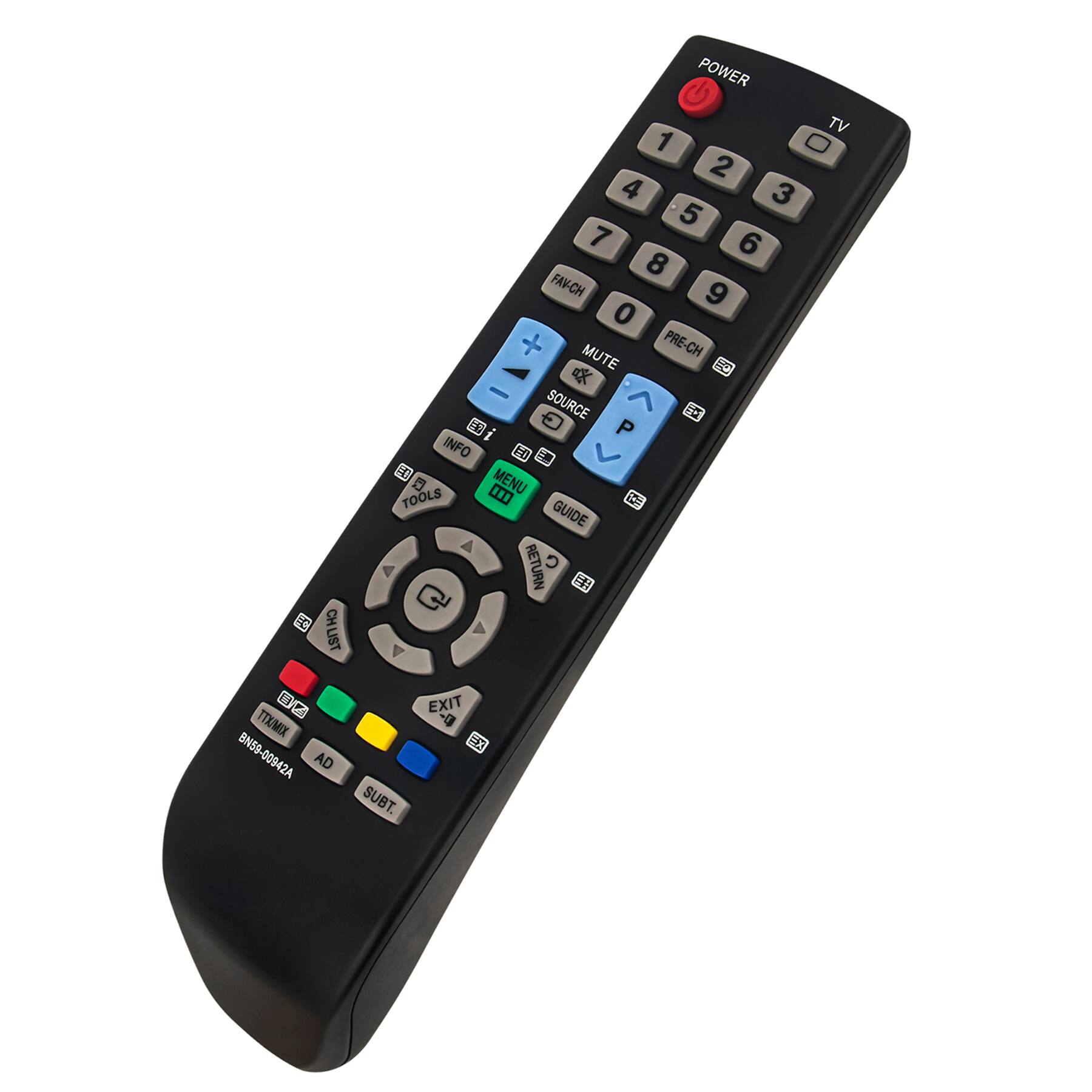 Sure, here is the corrected and grouped text from the image:

**Top Section:**
- POWER
- TV

**Number Pad:**
- 1 2 3
- 4 5 6
- 7 8 9
- 0

**Channel Controls:**
- FAV-CH
- PRE-CH

**Volume and Mute:**
- MUTE
- SOURCE
- P

**Navigation:**
- GUIDE
- RETURN

**Menu and Tools:**
- MENU
- TOOLS

**Info and Guide:**
- INFO
- GUIDE

**Additional Controls:**
- CH/ST
- EXIT
- TT/MIX
- AD
- SUBT

**Bottom Section:**
- BN59-00942A

**Color Buttons:**
- Red, Green, Yellow, Blue

**Other:**
- BN59-00942A