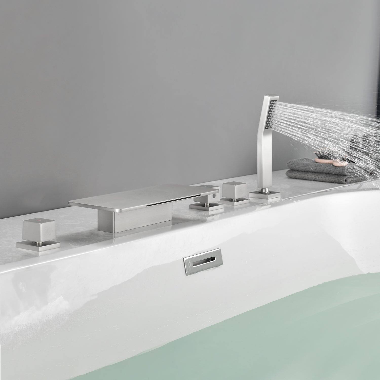Alt View 3. Boyel Living - Brushed Nickel Bathtub Faucet with Waterfall Spout and Handheld Shower Five Hole Installation Hot Cold Control - Brushed Nickel.