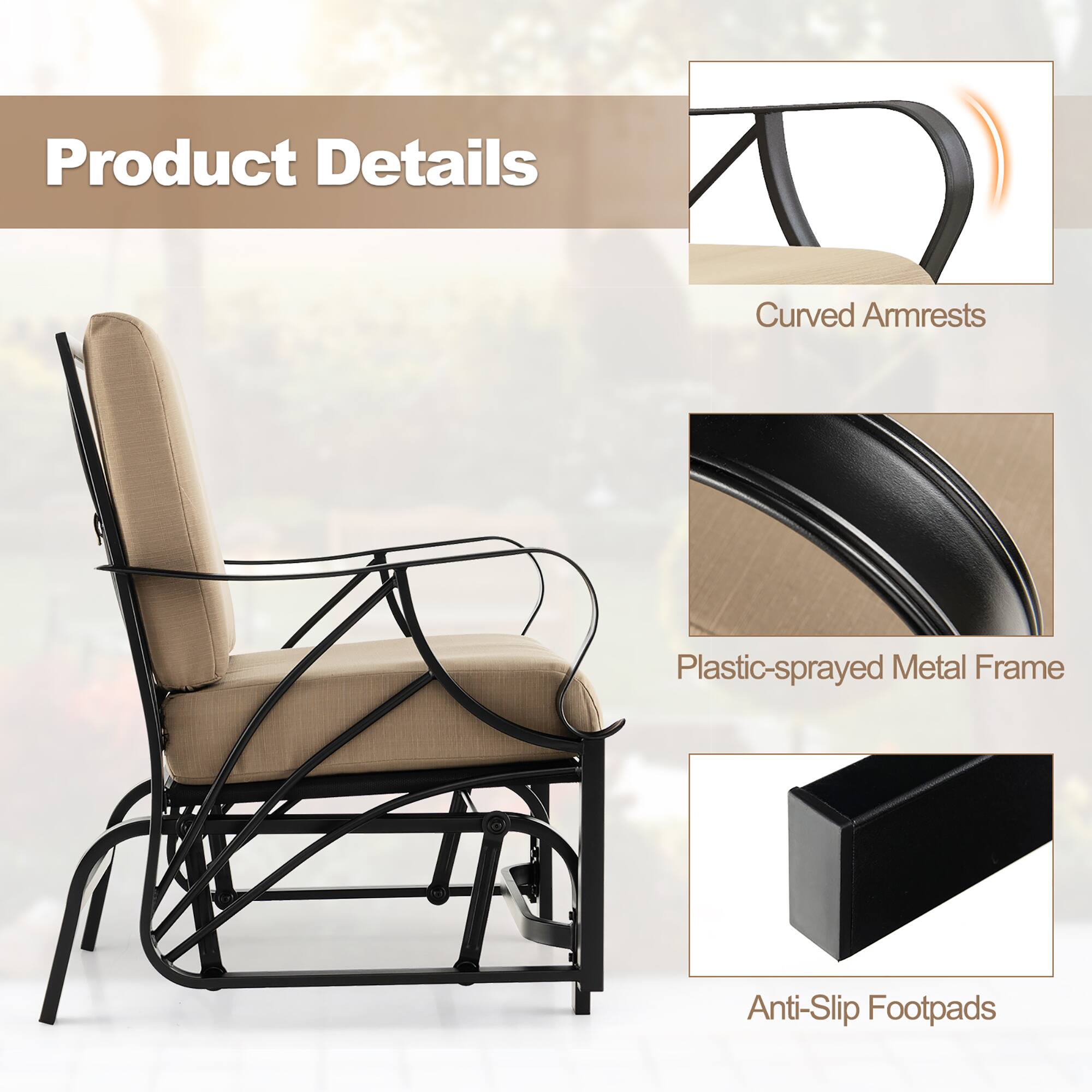 Product Details  
- Curved Armrests  
- Plastic-sprayed Metal Frame  
- Anti-Slip Footpads