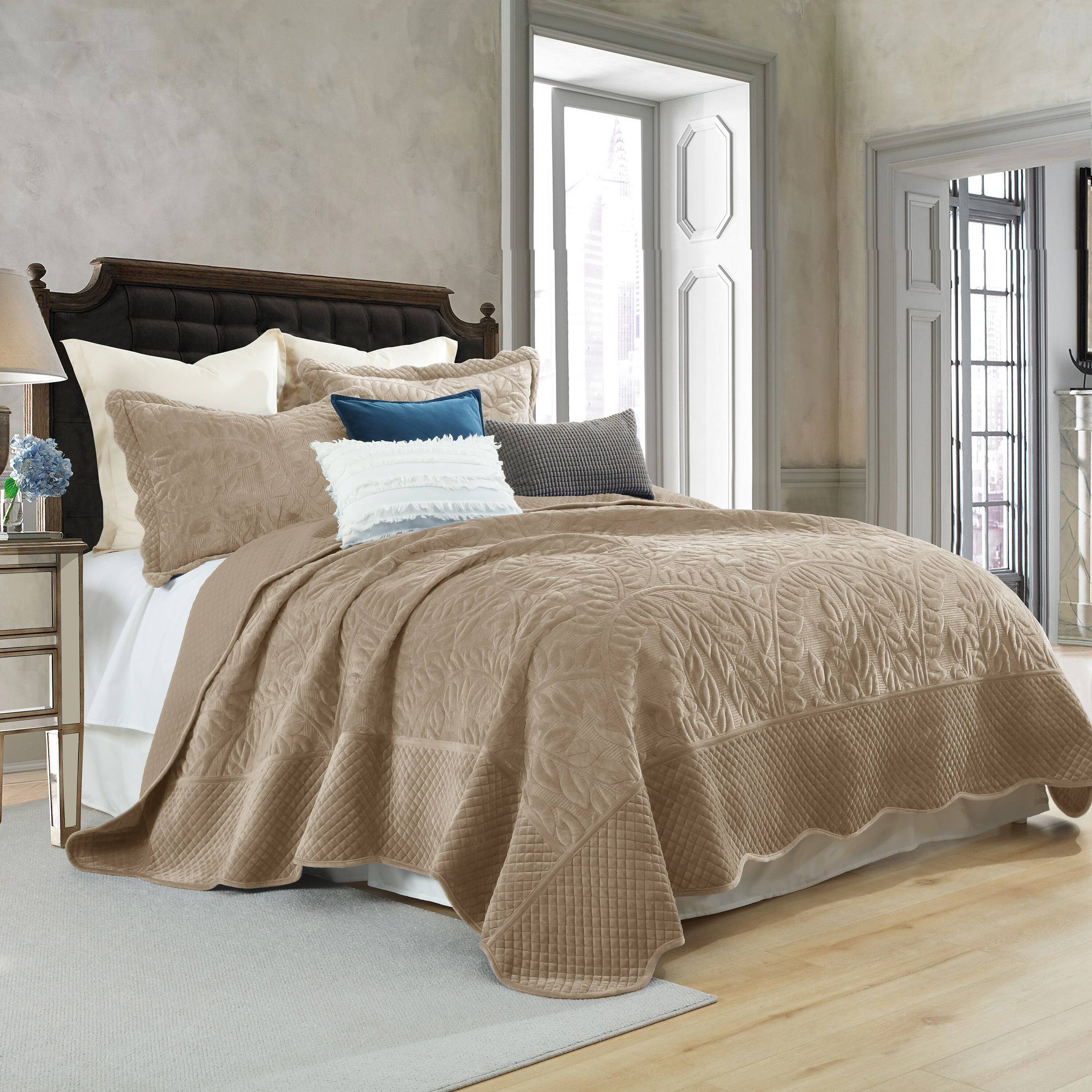 Angle. MarCielo - Marcielo 3Pc Luxury Velvet Oversized Embroidery Soft and Plush Quilt Set - Camel.