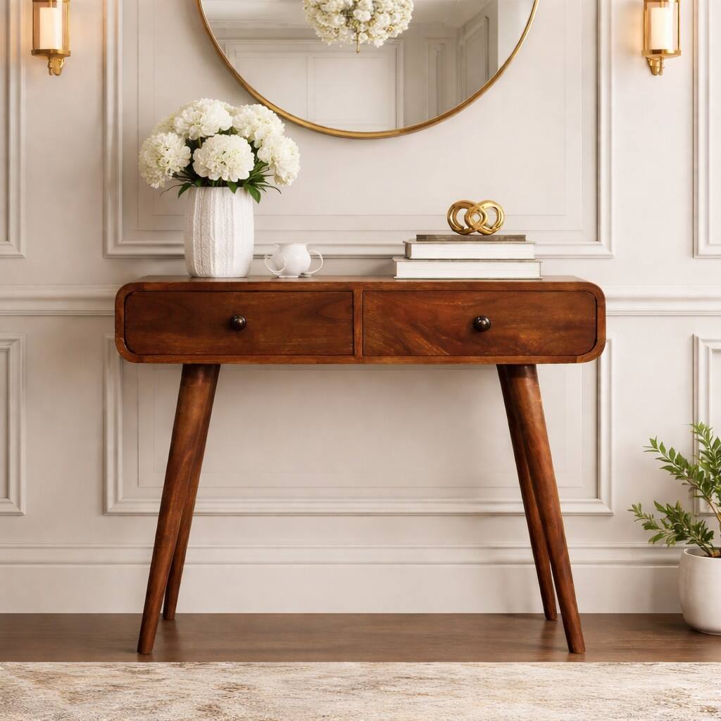 Angle. Artisan Furniture - Artisan Furniture Solid Wood Curved Two Drawer Console Table, Brown - Brown.