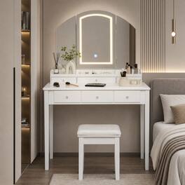 WELLFOR - Makeup Vanity Table Stool Set with 3‑Color Lighted Mirror, 6 Drawers & Multi‑Slot Desktop Storage for Bedroom - White