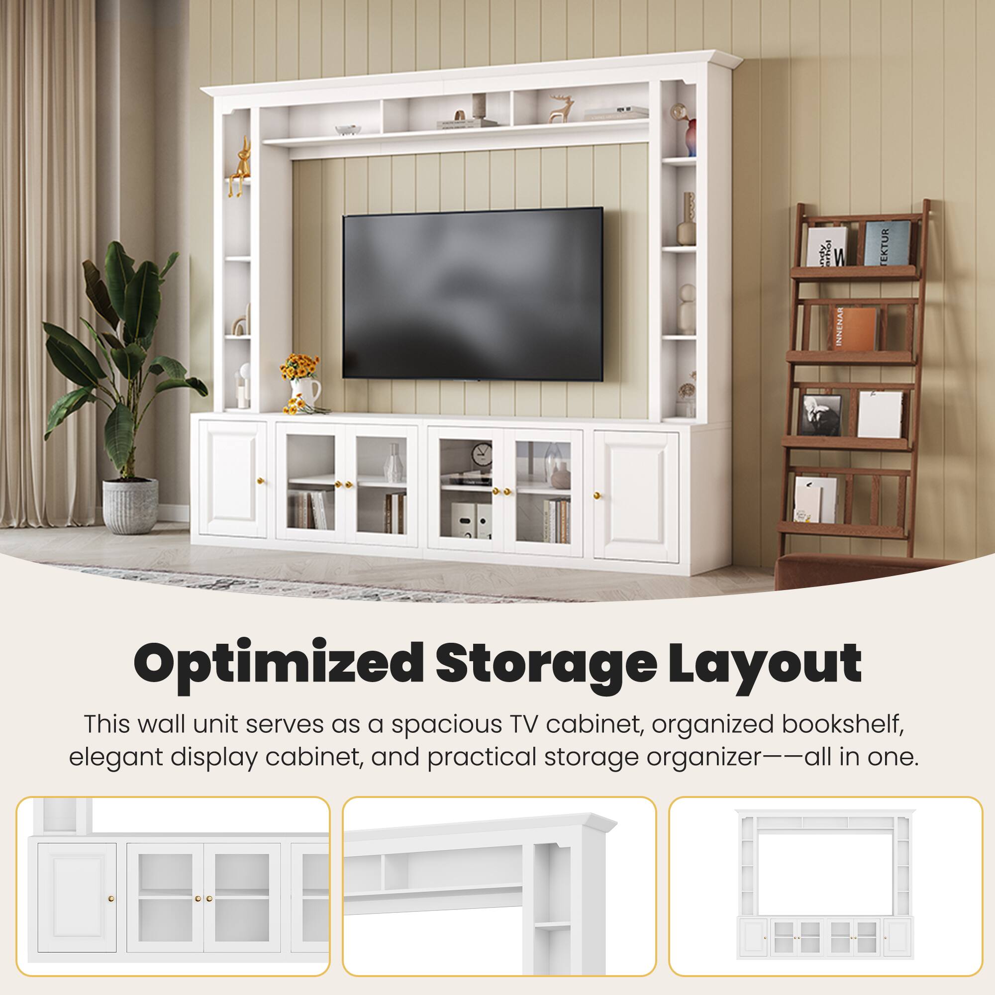 Optimized Storage Layout

This wall unit serves as a spacious TV cabinet, organized bookshelf, elegant display cabinet, and practical storage organizer—all in one.