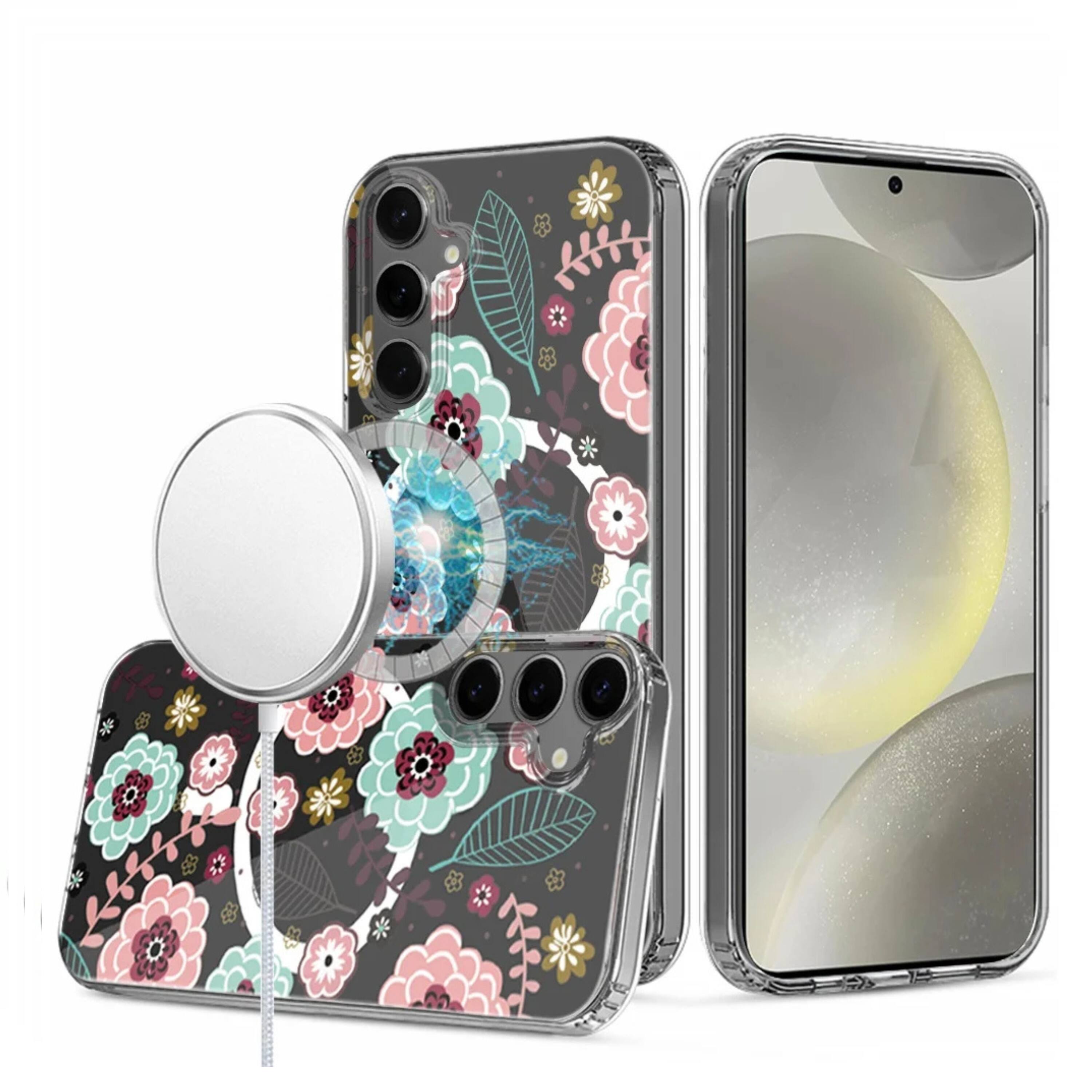 Front. Kitcheniva - Clear Floral Magnetic Circle Hybrid Phone Case With Tempered Glass For Samsung S25 Plus S24 Plus Floral - Pink.