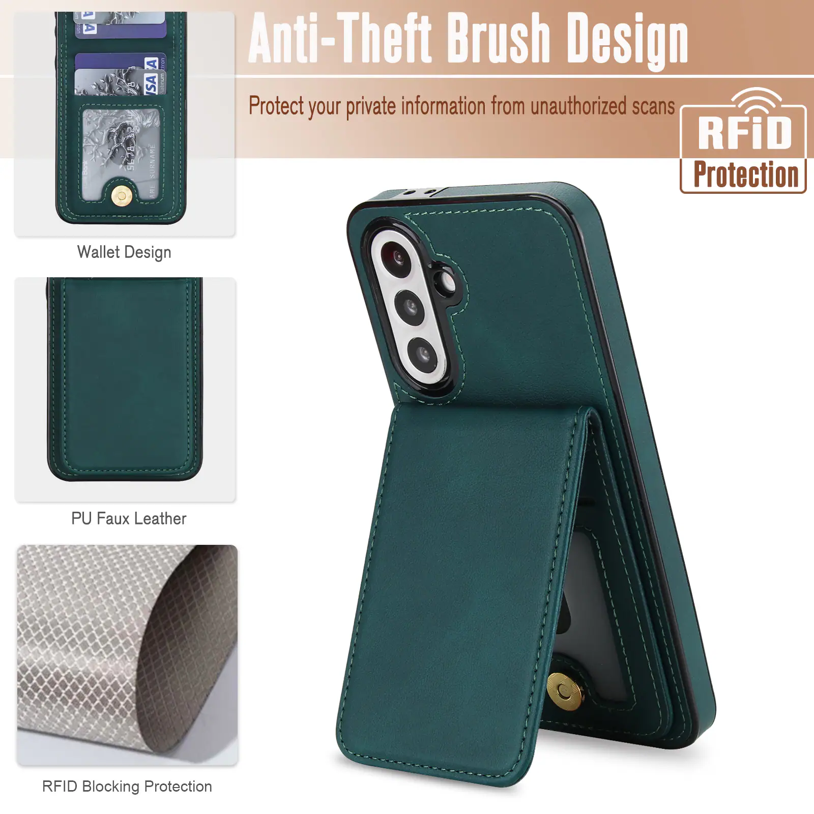 Anti-Theft Brush Design  
Protect your private information from unauthorized scans  
RFiD Protection  

Wallet Design  
PU Faux Leather  
RFID Blocking Protection