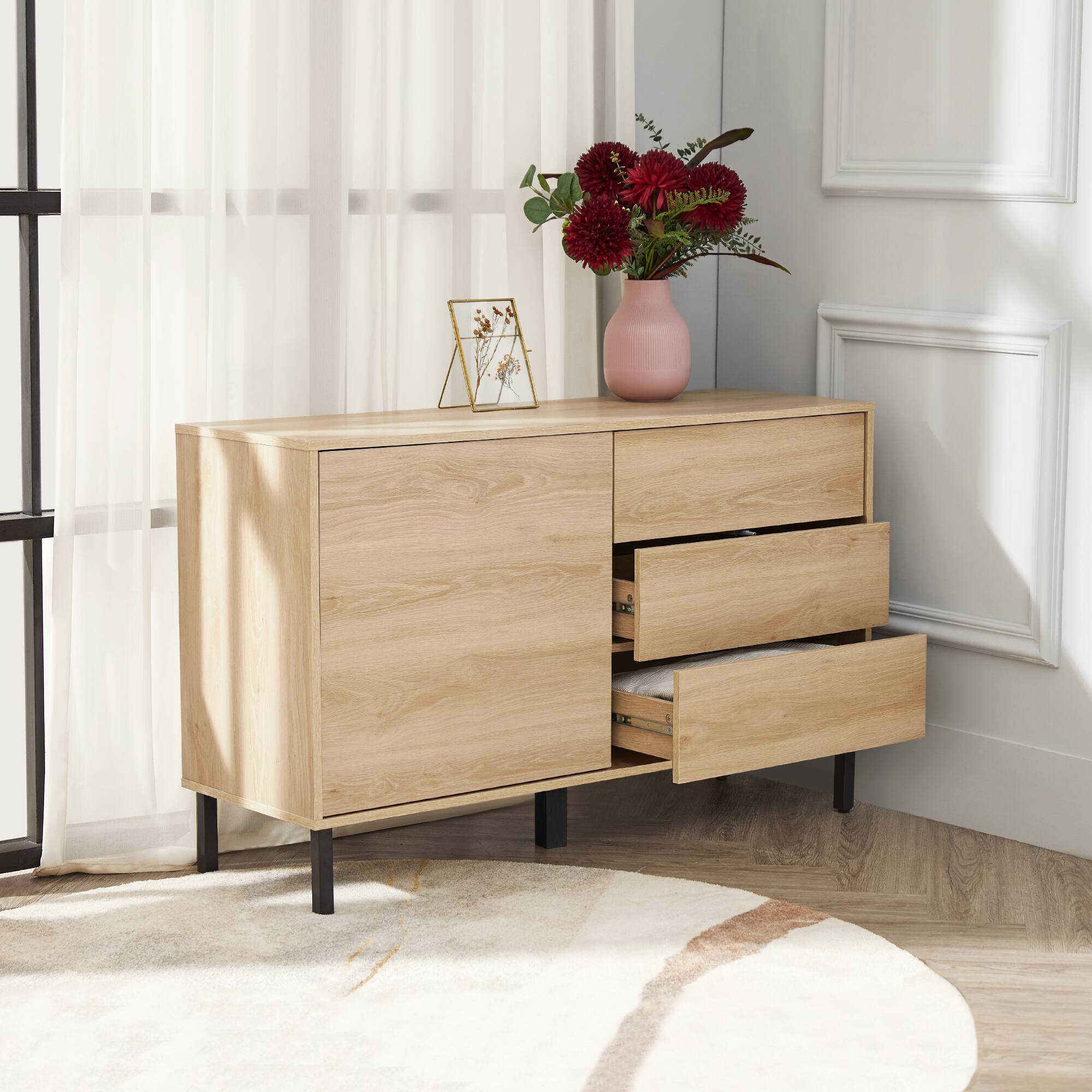 Alt View 4. Teamson Home - Cairo Industrial-Chic Mid-Century Modern 1 Door, 2 Shelf, 3 Drawer Storage Sideboard - Brown.