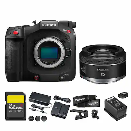Canon EOS C50
Canon 50mm T5.0-42
64GB SD Card (300 MB/s, V90)
Canon LP-E6N Battery
Canon USB Cable
Canon AC Adapter
Canon Camera Strap
Canon Lens Hood
Canon Lens Cap
Canon Remote Control
Canon Camera Body