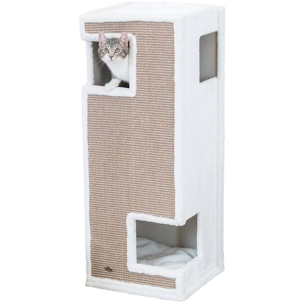 Back. TRIXIE - Gerardo Plush & Sisal 3-Story 39.4" Cat Condo Tower with Removable Cushions - Brown/White.