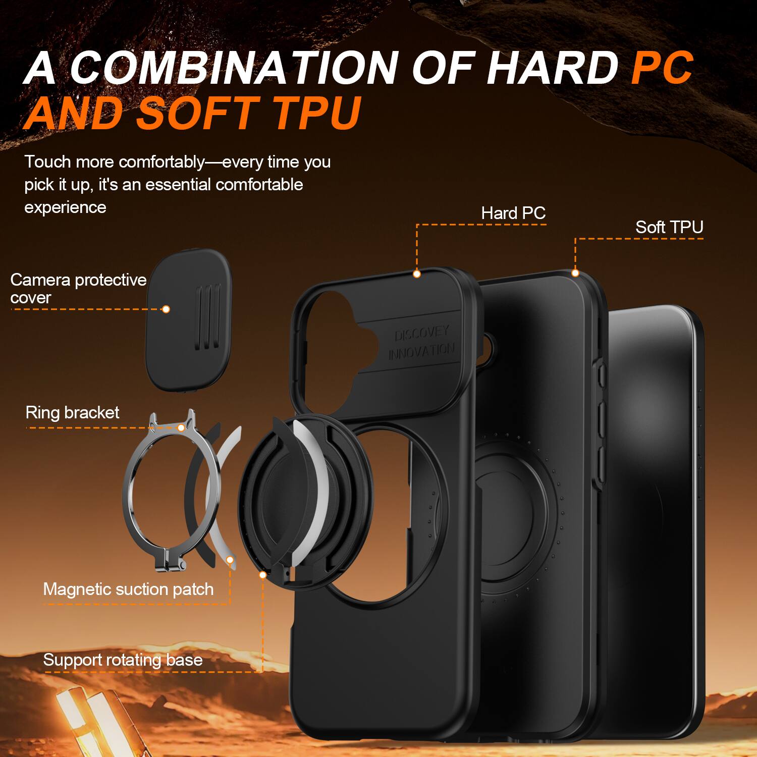 A COMBINATION OF HARD PC AND SOFT TPU

Touch more comfortably—every time you pick it up, it's an essential comfortable experience

Camera protective cover
Ring bracket
Magnetic suction patch
Support rotating base

Hard PC
Soft TPU