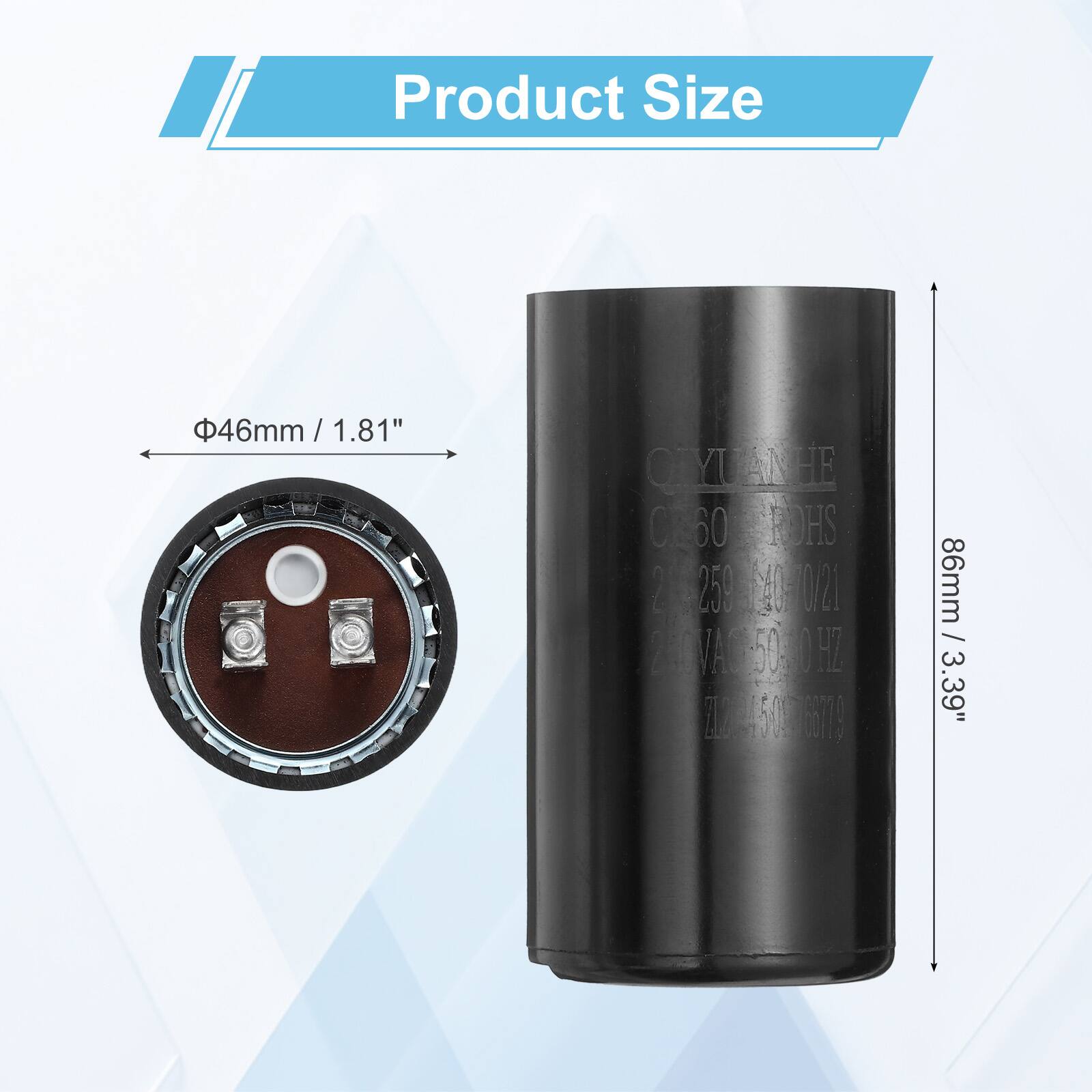 Product Size: 46mm / 1.81"  
OLYUANGE CL60 ROHS  
225 1 40/21  
VAGe 50 I HL  
1500ESTS  
L 50 165S  
86mm / 3.39"