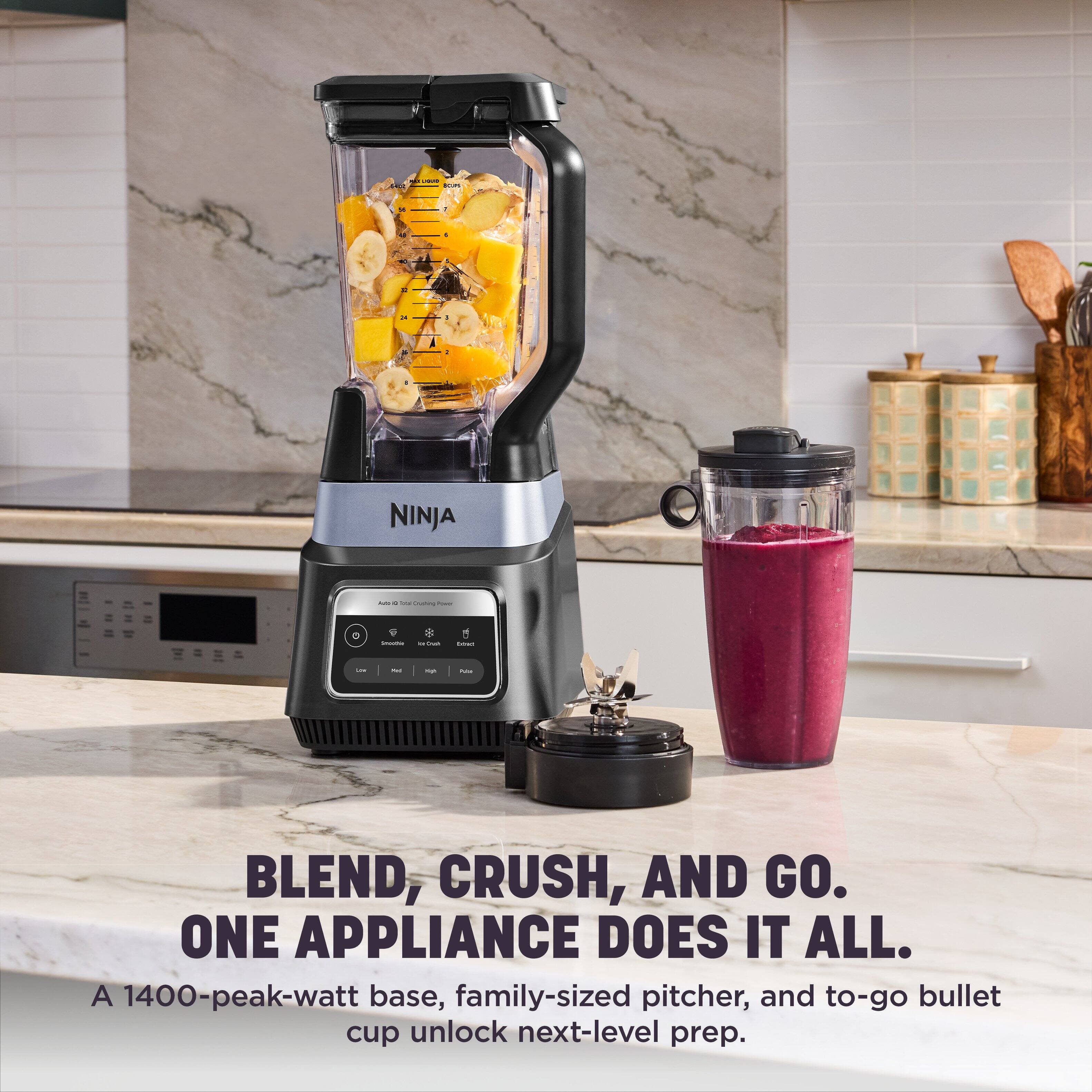 N

10
&
14
:
:
NINJA
- a Geta Staming Play
Smoothie
++ .. with
5 imun
-
TUT
-
Me
BLEND, CRUSH, AND GO. ONE APPLIANCE DOES IT ALL. A 1400-peak-watt base, family-sized pitcher, and to-go bullet cup unlock next-level prep.