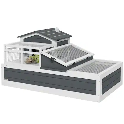 Front. Pawhut - 3-Room Tortoise House Habitat with Balcony, 2 Stories, Wooden Enclosure, Ladder, Tray, Openable Roof.