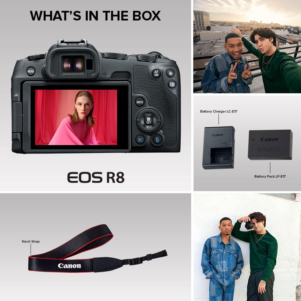 What's in the box: Canon EOS R8 camera, battery charger LC-E17, battery pack LP-E17, neck strap, and a set of instructions.