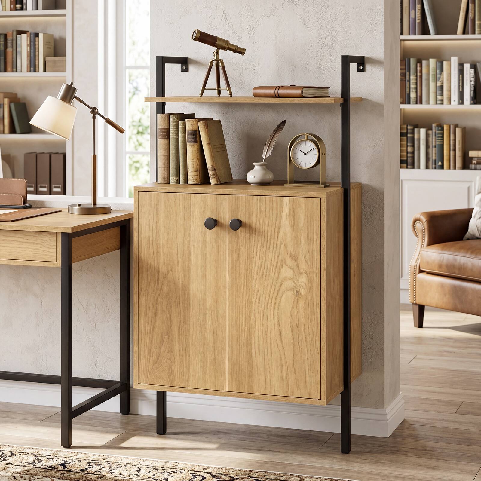 Alt View 1. Costway - Costway 1 PCS Wall Mount Bookshelf with Storage Cabinet,2-Door Industrial Bookcase with Open Shelves - Natural.