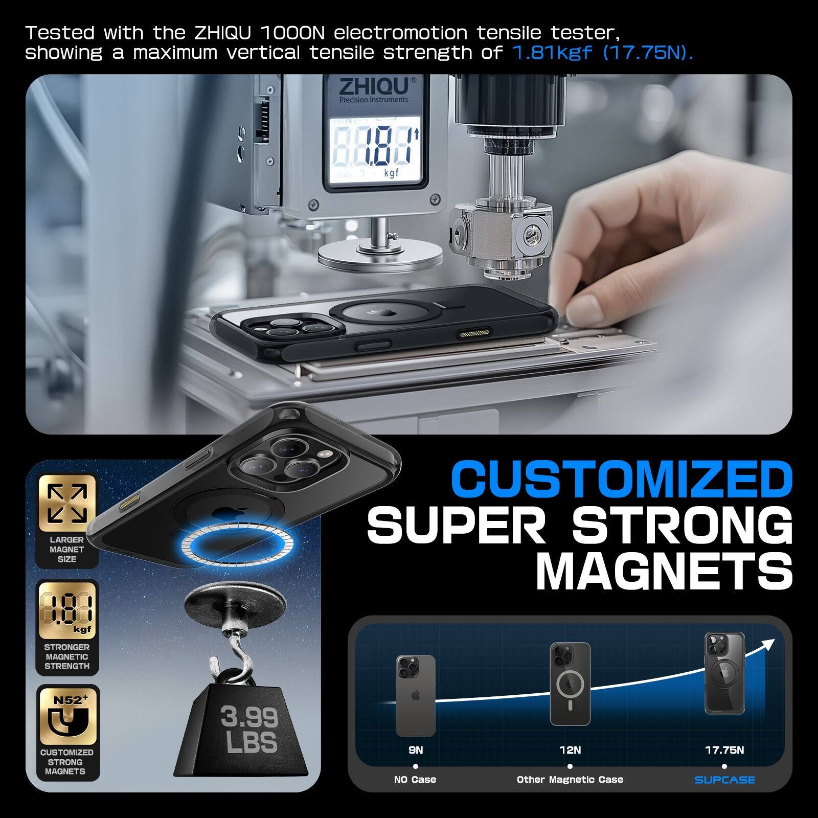 Tested with the ZHIQU 100ON electromotion tensile tester, showing a maximum vertical tensile strength of 1.81 kgf (17.75N). ZHIQU Precision Instruments kgf LARGER MAGNET SIZE 181 kgf CUSTOMIZED SUPER STRONG MAGNETS STRONGER MAGNETIC STRENGTH N52+ U CUSTOMIZED STRONG MAGNETS 3.99 LBS 9N NO Case 12N Other Magnetic Case 17.75N SUPCASE