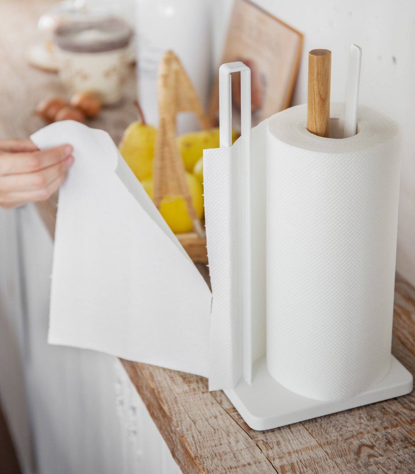 Alt View 3. Yamazaki Home - Paper Towel Holder - Steel + Wood - White.