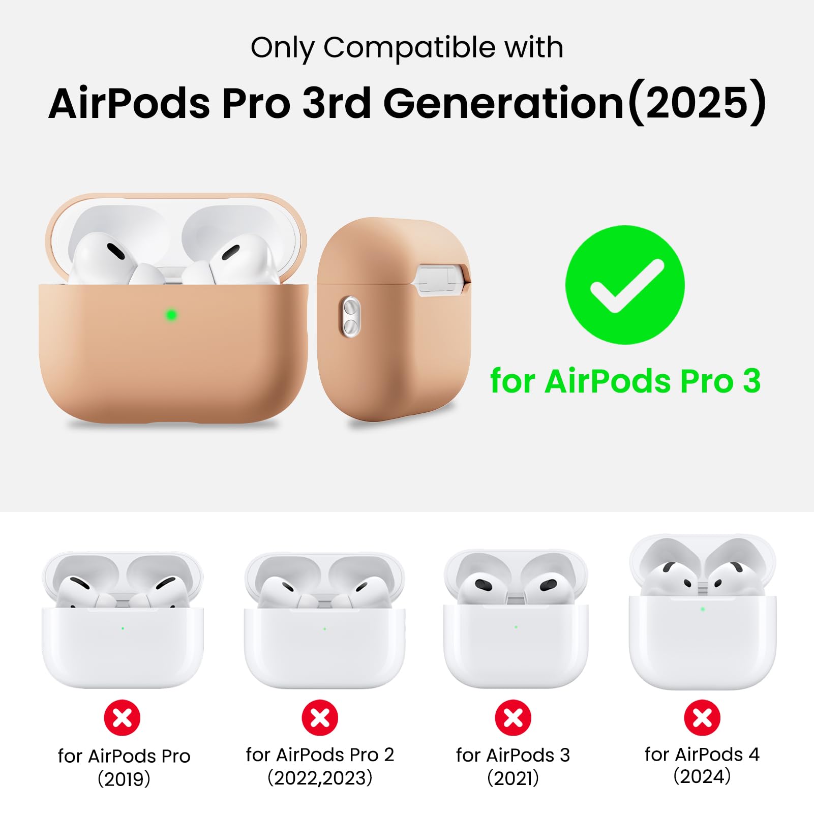 Only Compatible with  
AirPods Pro 3rd Generation (2025)  
for AirPods Pro 3  
for AirPods Pro (2019)  
for AirPods Pro 2 (2022, 2023)  
for AirPods 3 (2021)  
for AirPods 4 (2024)